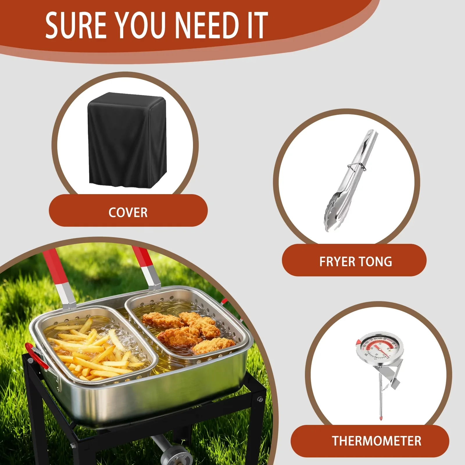 Sleek Outdoor Fryer with 50000 BTU, Adjustable Regulator - Silver Aluminum Model 2E2622