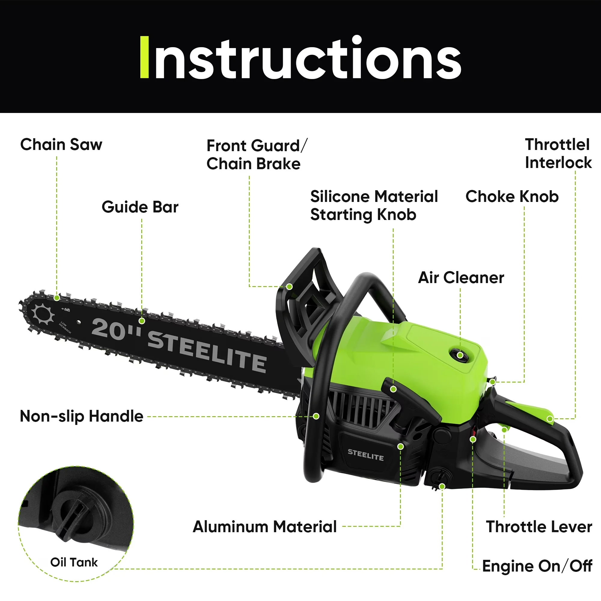 Modern Chainsaw with Chain Brake, 62CC Gas Powered, Gasoline Gas Chainsaws - Model D9A95F