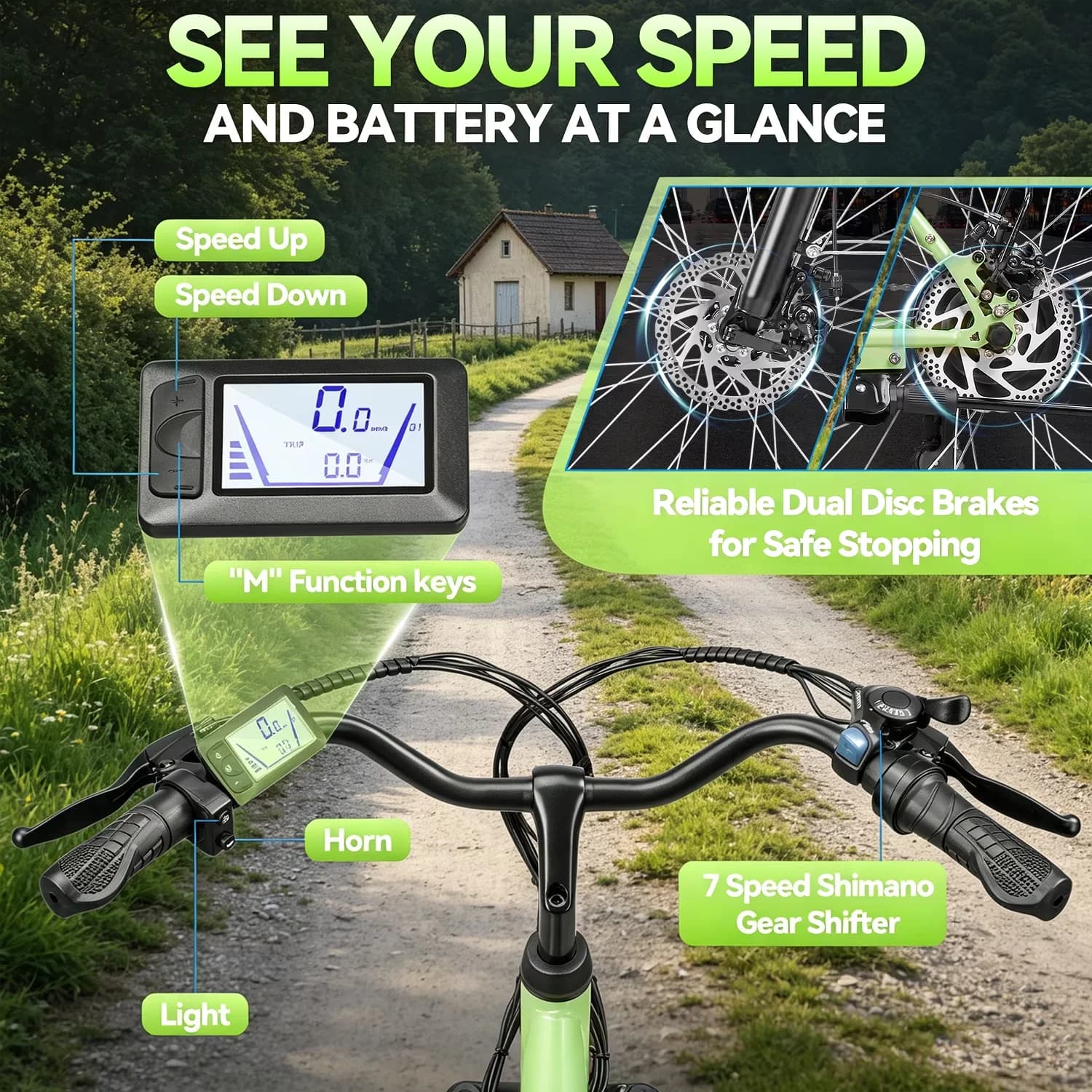 Electric Bike Essential with Battery, 700W, 24" - Green - Ergonomic Design Model 079922