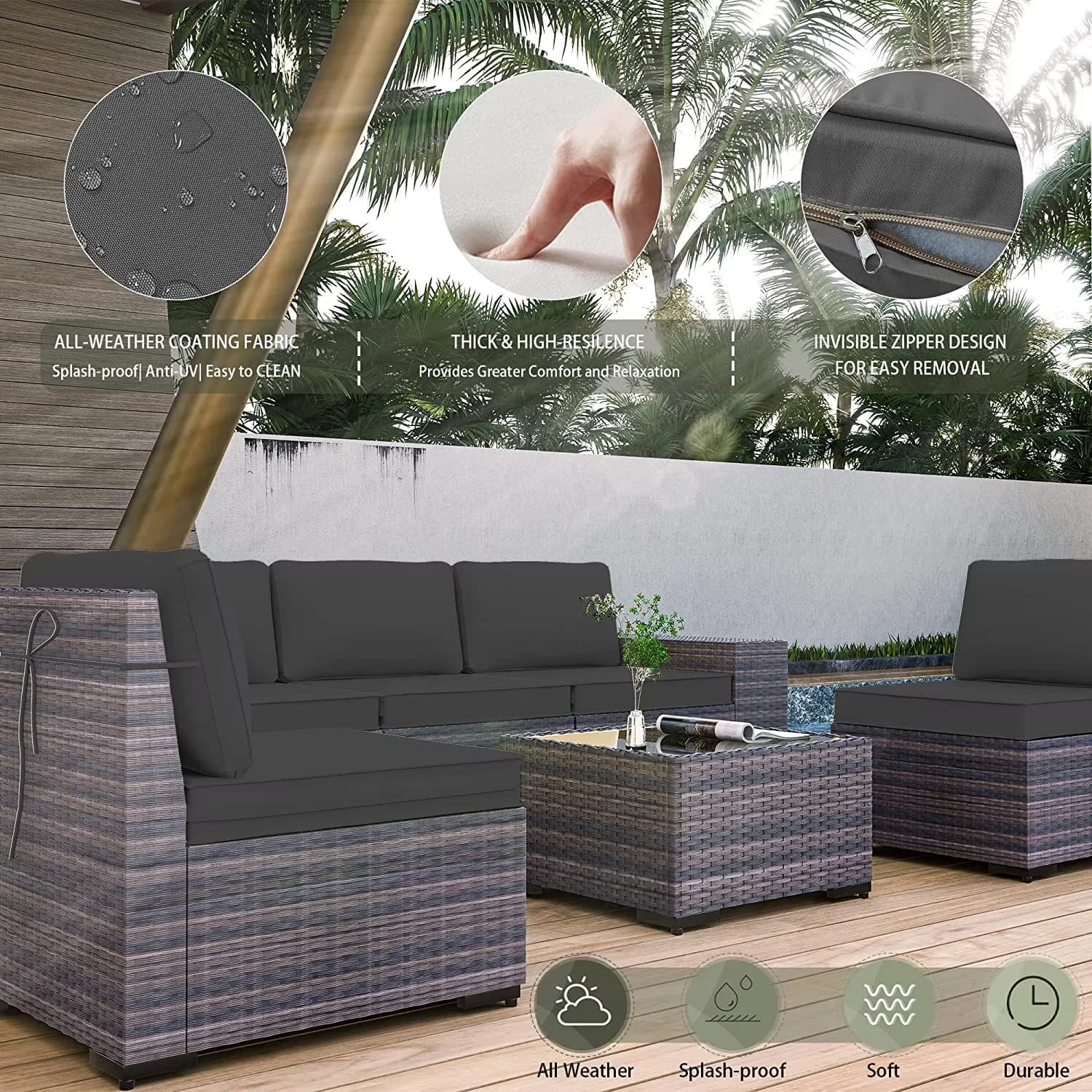 Outdoor Sofas Sectional Reliable with Weatherproof, 43.3"Table, Primary Fuel Type: Propane - Gray Pe Rattan Wicker, Steel, Wicker Model F6D7BB