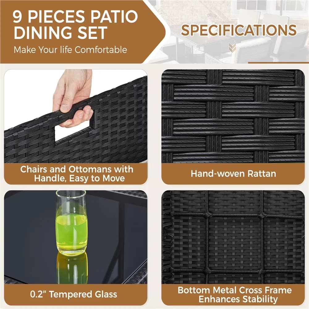 Patio Dining Set Premium with Storage, 9-Piece Wicker - Powder-Coated Metal, Pe Rattan, Tempered Glass, Polyester Fabric, Foam Black... Model B0C5B0