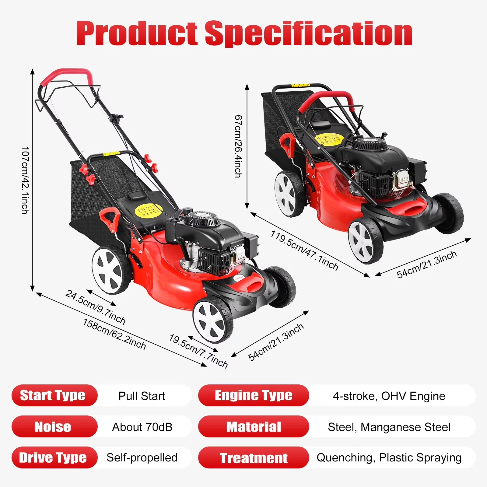 Durable Push Mower with Adjustable Cutting Height, Mulching - Black 5HP Model 910AFE