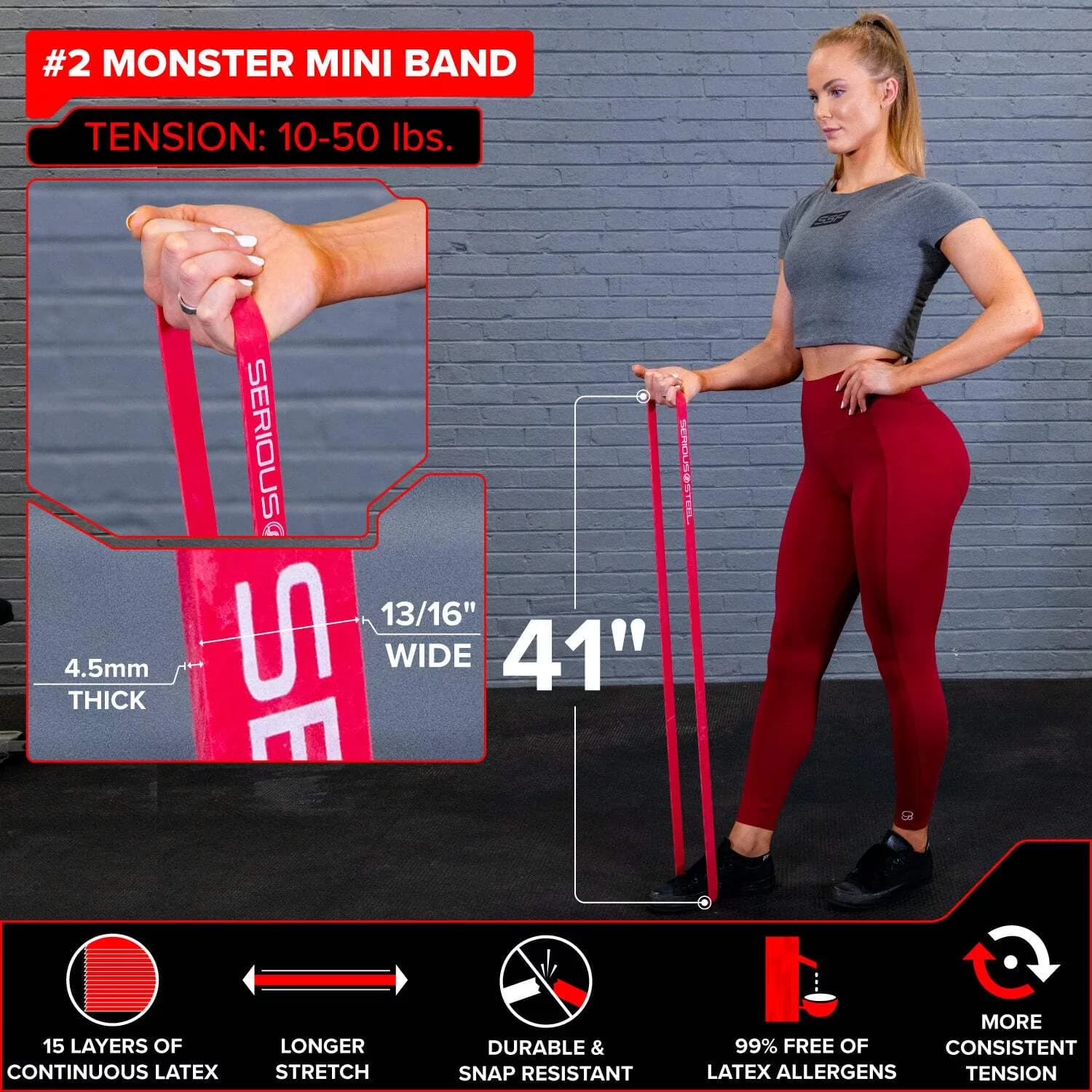 Versatile Home Gym Accessory with #2 Red Band: 13/16" / 10-50 lbs, 41" Pull Up Band, #4 Green Band: 1 3/4" / 50-120 lbs - Red Rubber Model 962988