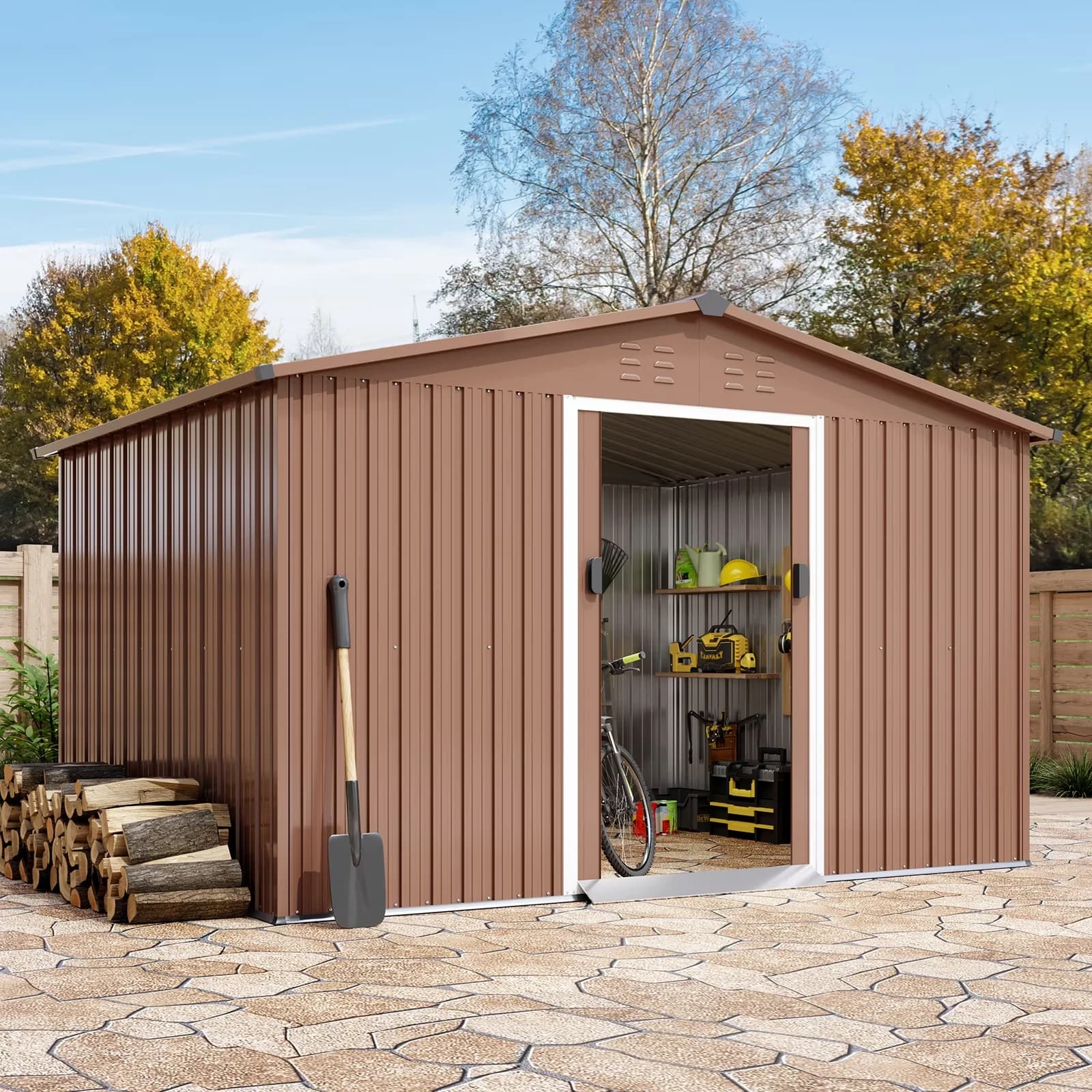 Compact Shed with Waterproof, 10x12ft Large Metal Garden, Lockable Door Design - Steel for Garden, Patio Model 42D709