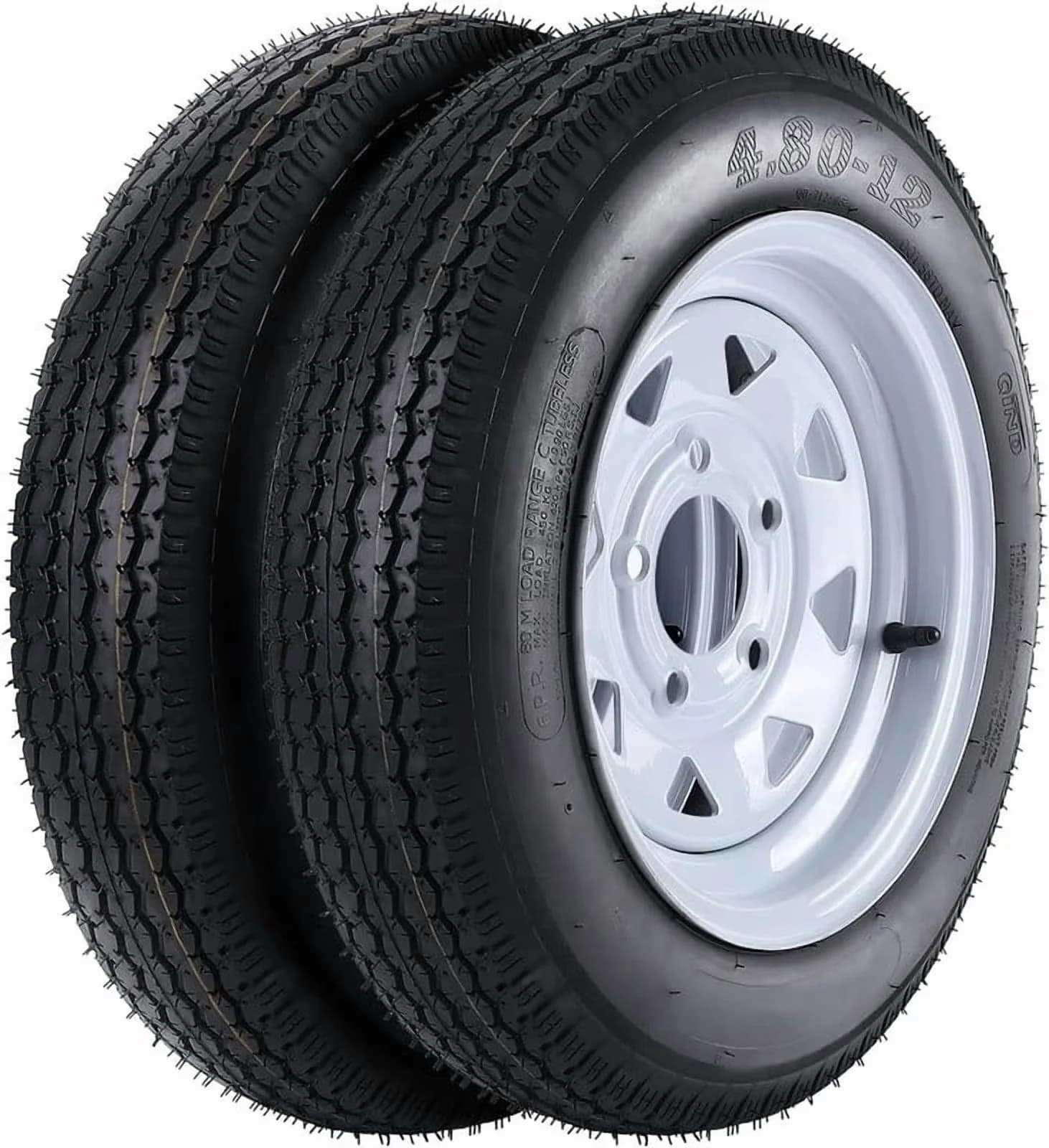 Premium Trailer Tire with Load Range C, 12" Rims, 2-Pack & Wheel Assemblies 4.80-12 for Camping - Model FC75AF