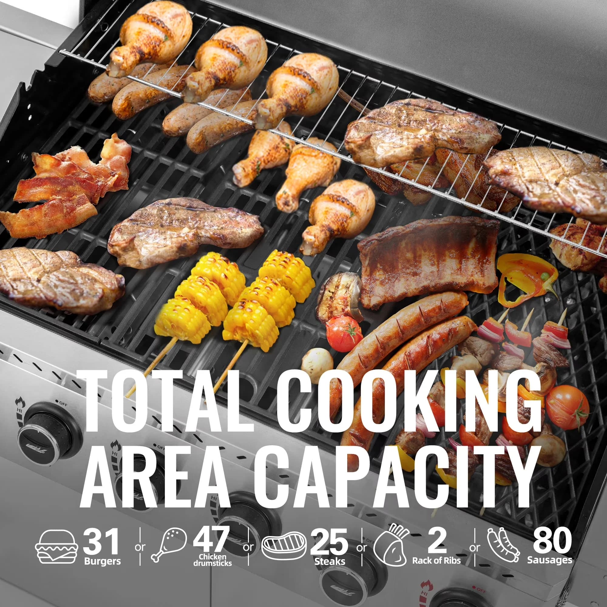 Durable Gas Grill with 74000 BTU, Warming Rack - White Steel (Main Body); Stainless Steel (Side Shelf, Flame Tamer, Control Panel,... Model 2D585F
