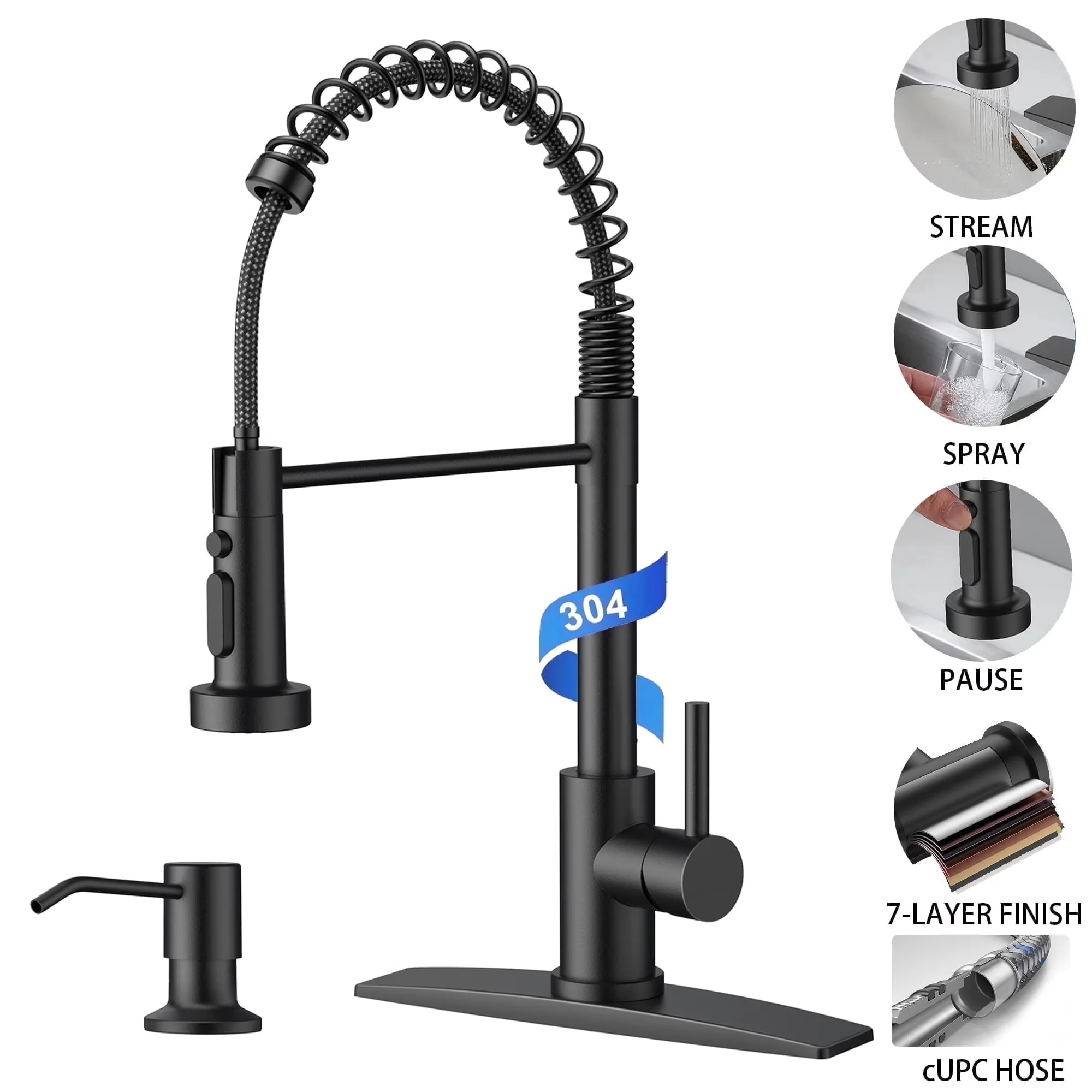 Essential Kitchen Renovation with Black Single Handle Sink Faucets, Faucet, Pull Down Sprayer and Soap Dispenser - Black Stainless... Model FE375F