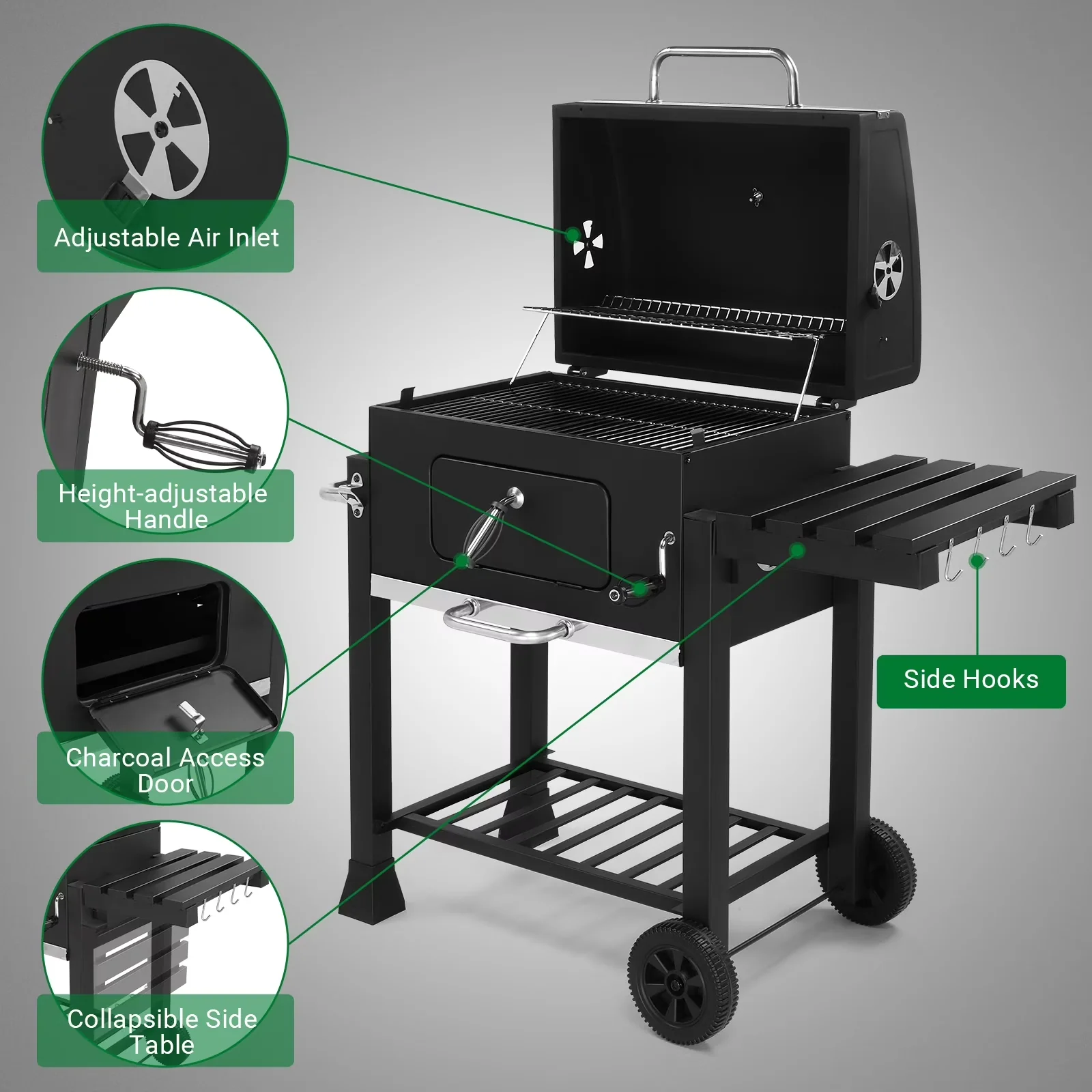 Premium Charcoal Grill with Adjustable Air Vents, 2 wheels are easy to carry anywhere., Liftable Tray - Steel Black Model 06D4E7
