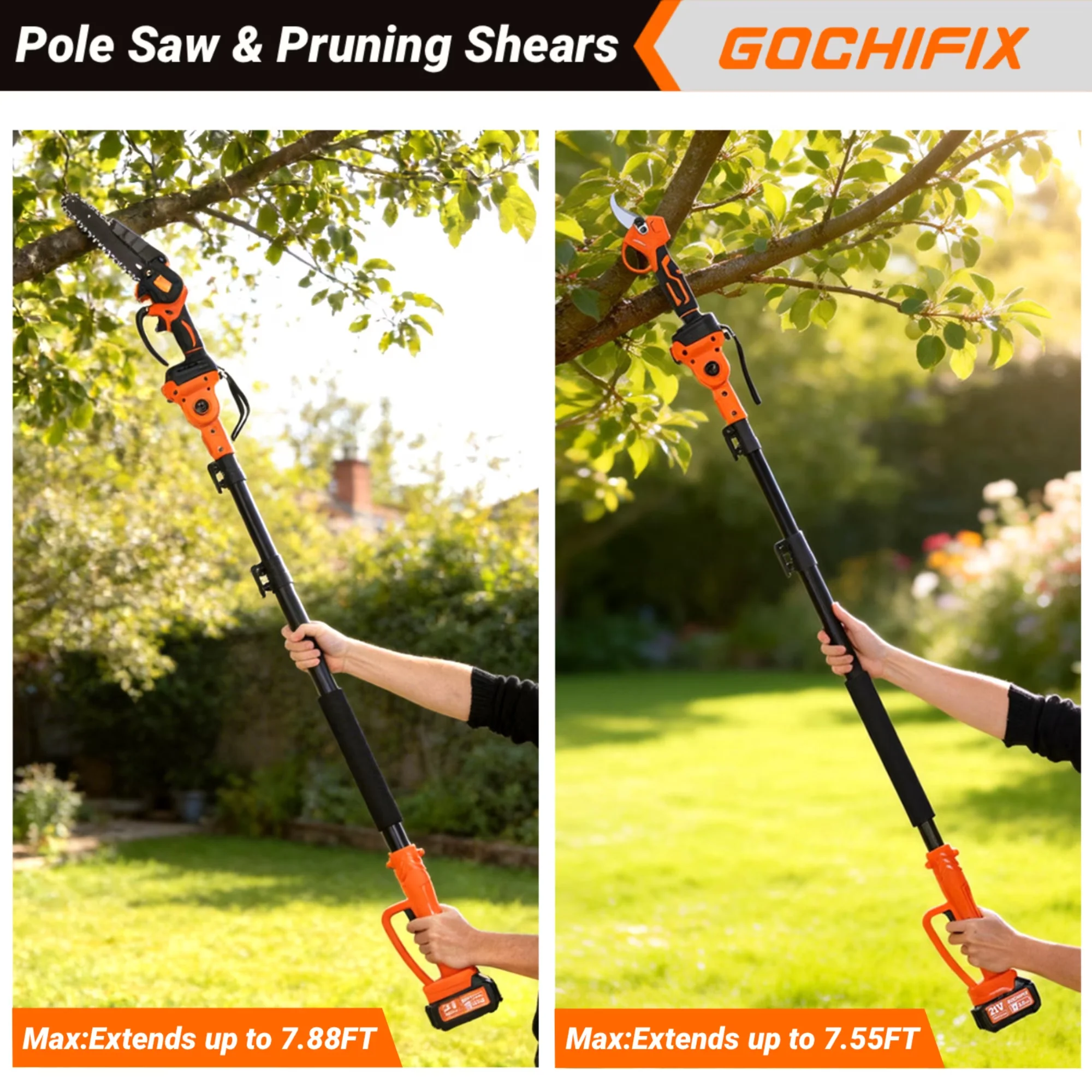 Professional Pole Saw with Battery, Telescoping, Chainsaw - Orange 2 PCS Model 2F1BB1