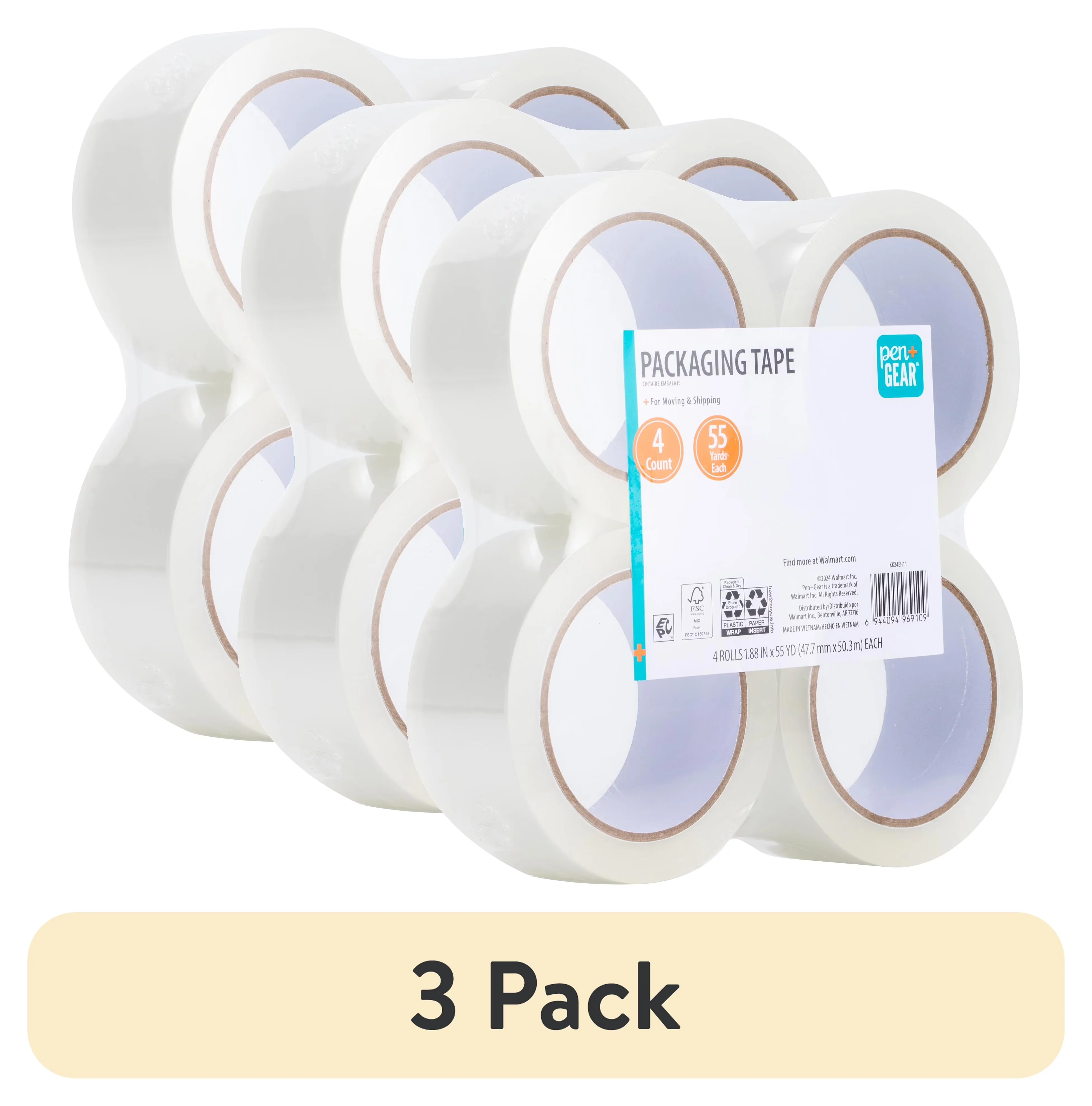 Moving Stylish with 1.88 in x 55 Yds, 4 Rolls, Clear - Clear Bopp 3 pack Model D3C83A
