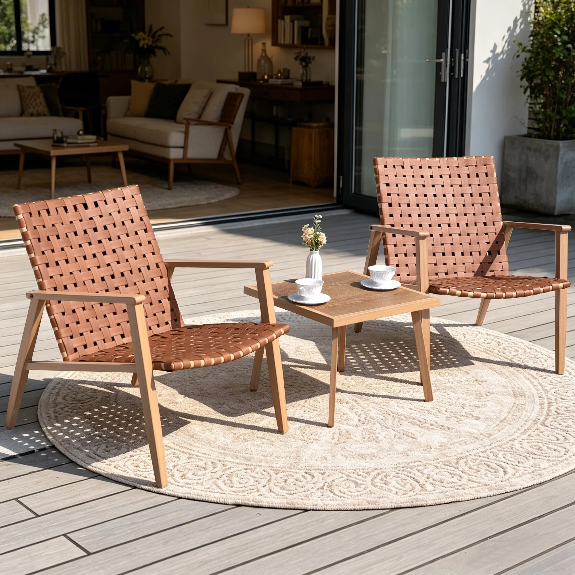 Patio Dining Set Classic with Rust Resistant, Coffee Table, 3-Piece Bistro - Brown Metal, Leather Resin Model E73B98