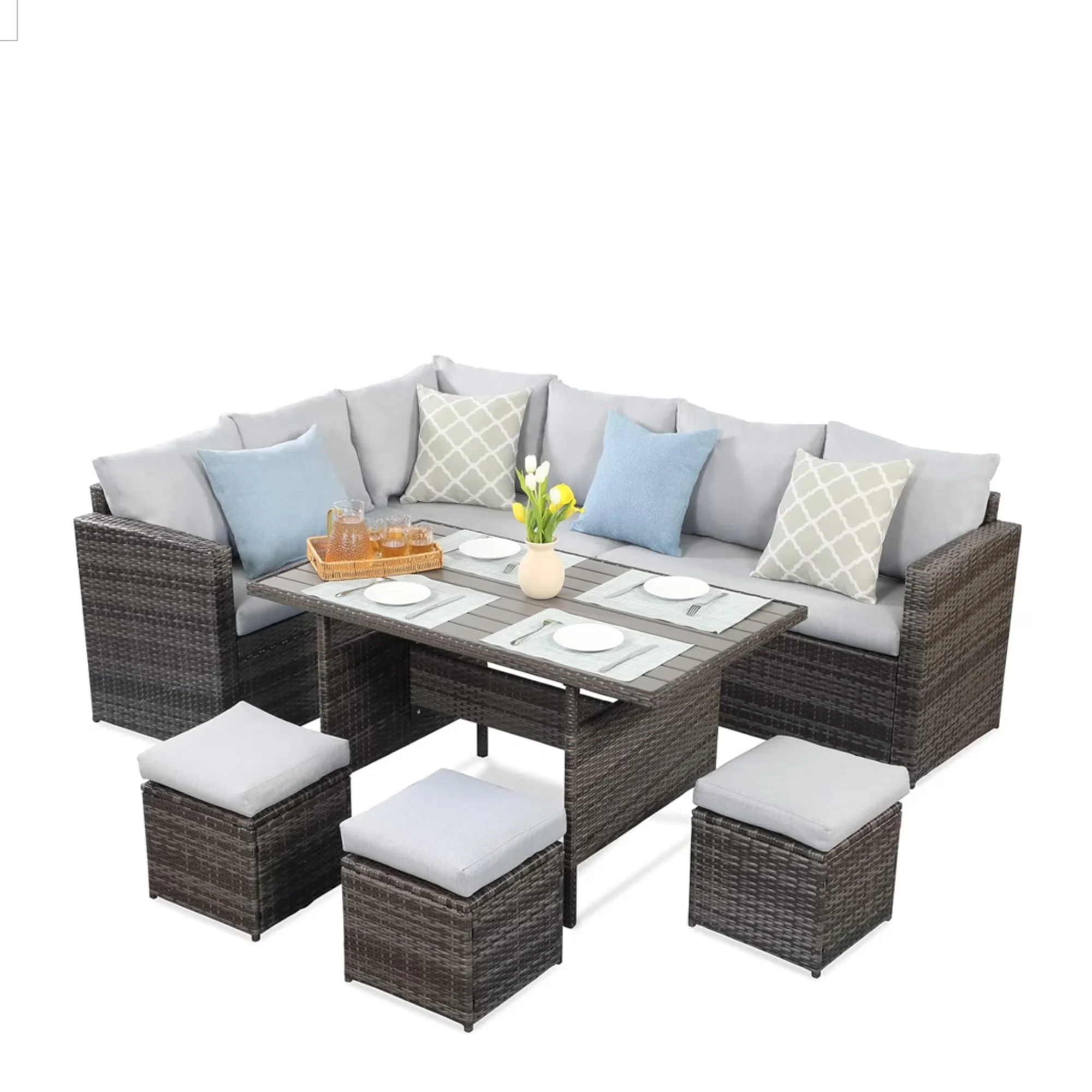 Quality Outdoor Sofas Sectional with Storage, Ottomans & Dining Table, 9-Seat Gray Cushions Sofa - Brown Rattan for Garden Model 0BCB66
