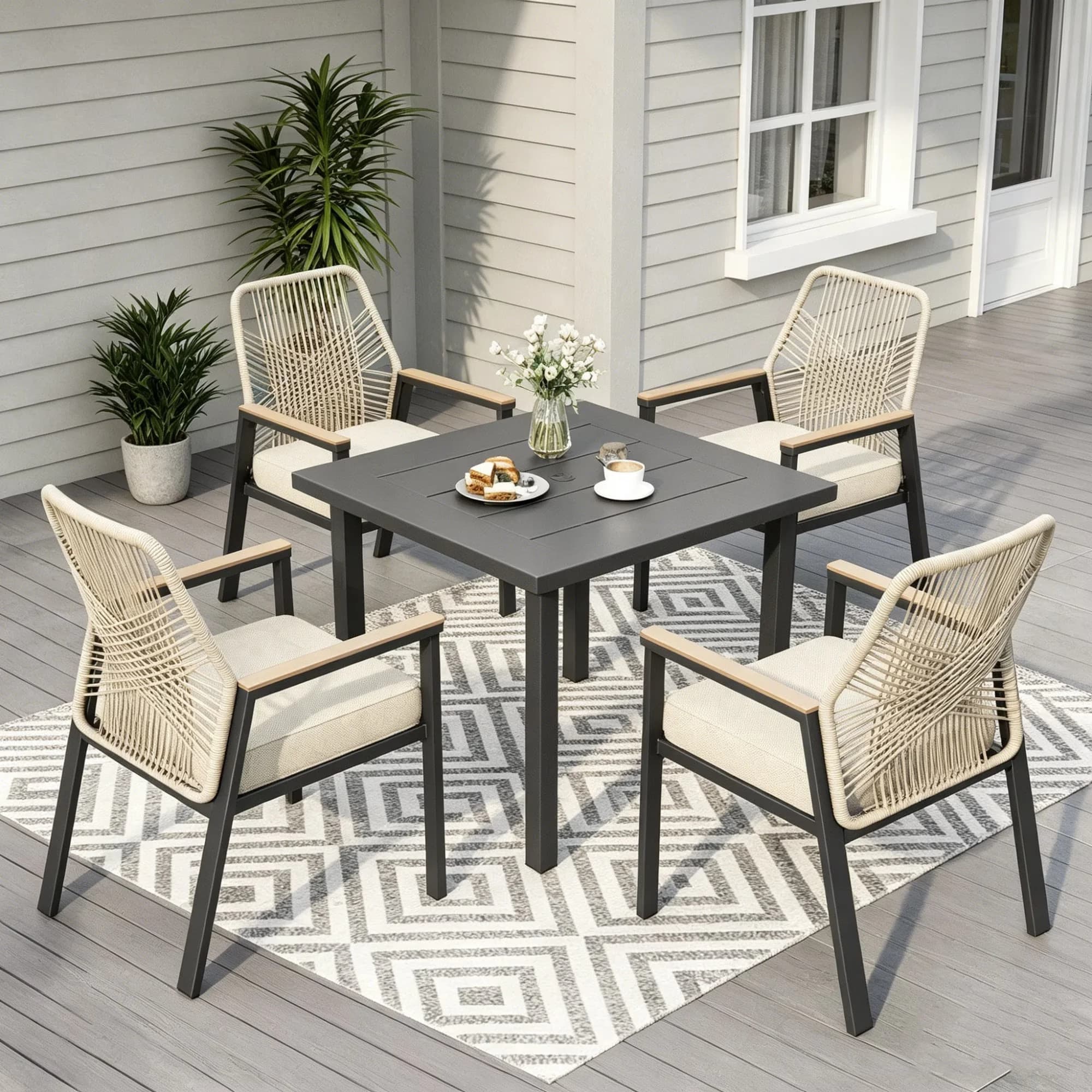 Patio Dining Set Versatile with Weatherproof, Black and Beige, 5-Piece Outdoor - Black And Beige Pe Rattan, Steel, High-Density Sponge Model 1F687A