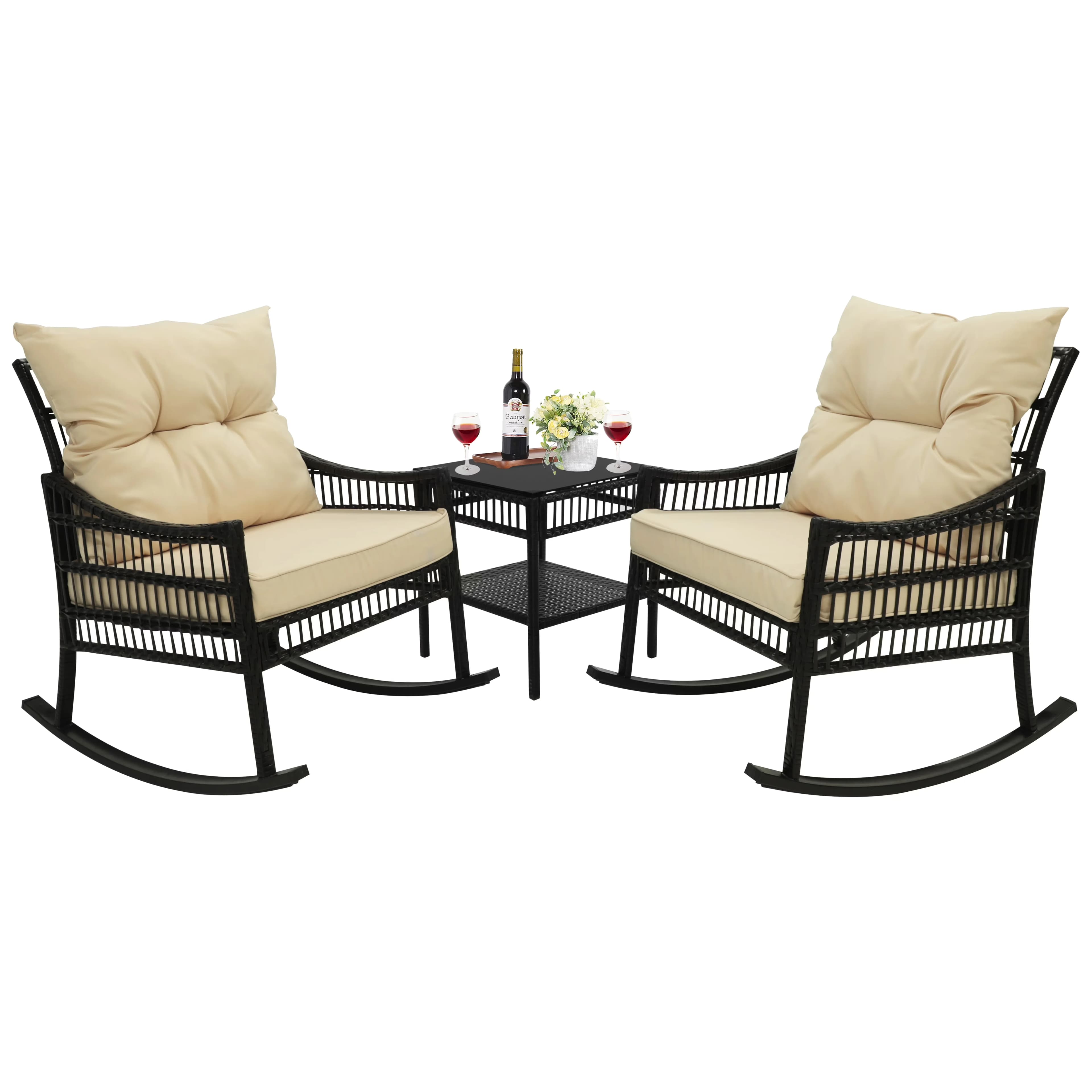 Compact Patio Dining Set with Uv Resistant, Cream White, 3-Piece Outdoor Bistro Sets - Rattan, Glass, Metal, Wicker Beige Model E7CE5E
