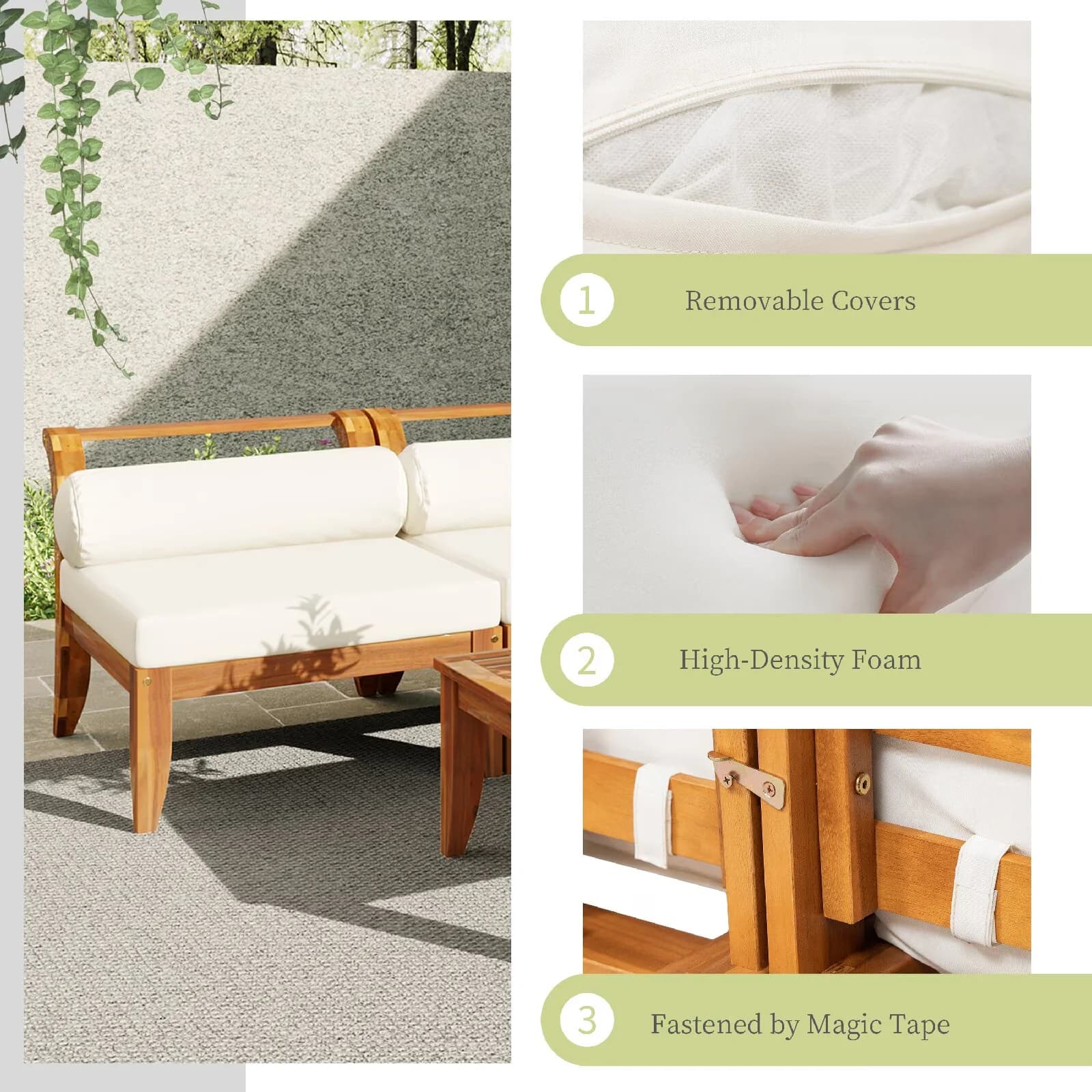 Outdoor Sofas Sectional Premium with Modern, Removable Seat Cushion, 5 Cushions and Pillows - Brown Acacia Wood Model 81289C