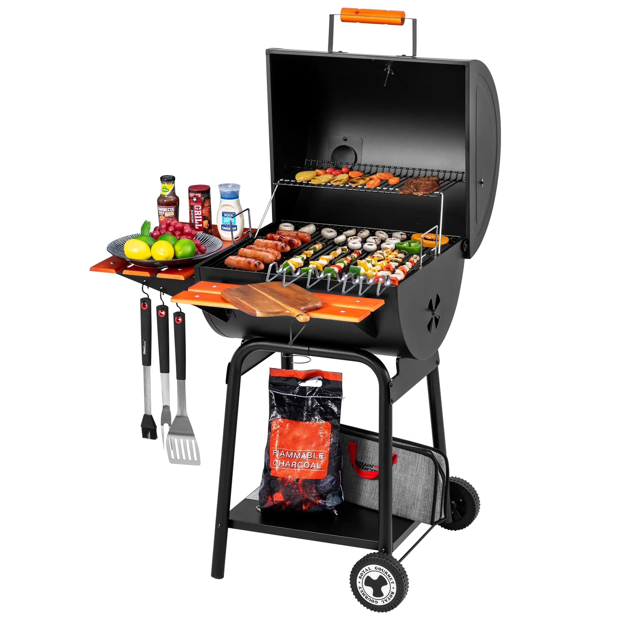 Charcoal Grill Classic with Warming Rack, Wooden Front Shelf & Side Shelf, 24-inch BBQ - Black Model 944470