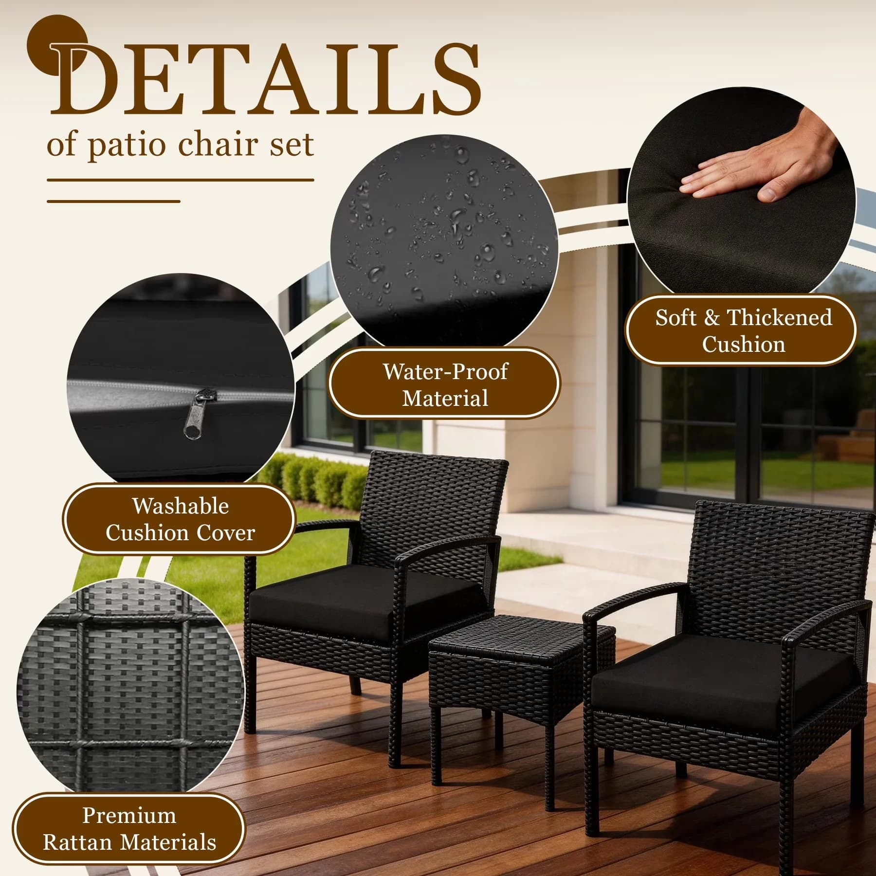 Efficient Patio Conversation Set with Waterproof, Removable Cushion Cover, Uv Resistant - Polyester, Sponge, Pe Rattan, Steel Black Model 6B2BA8