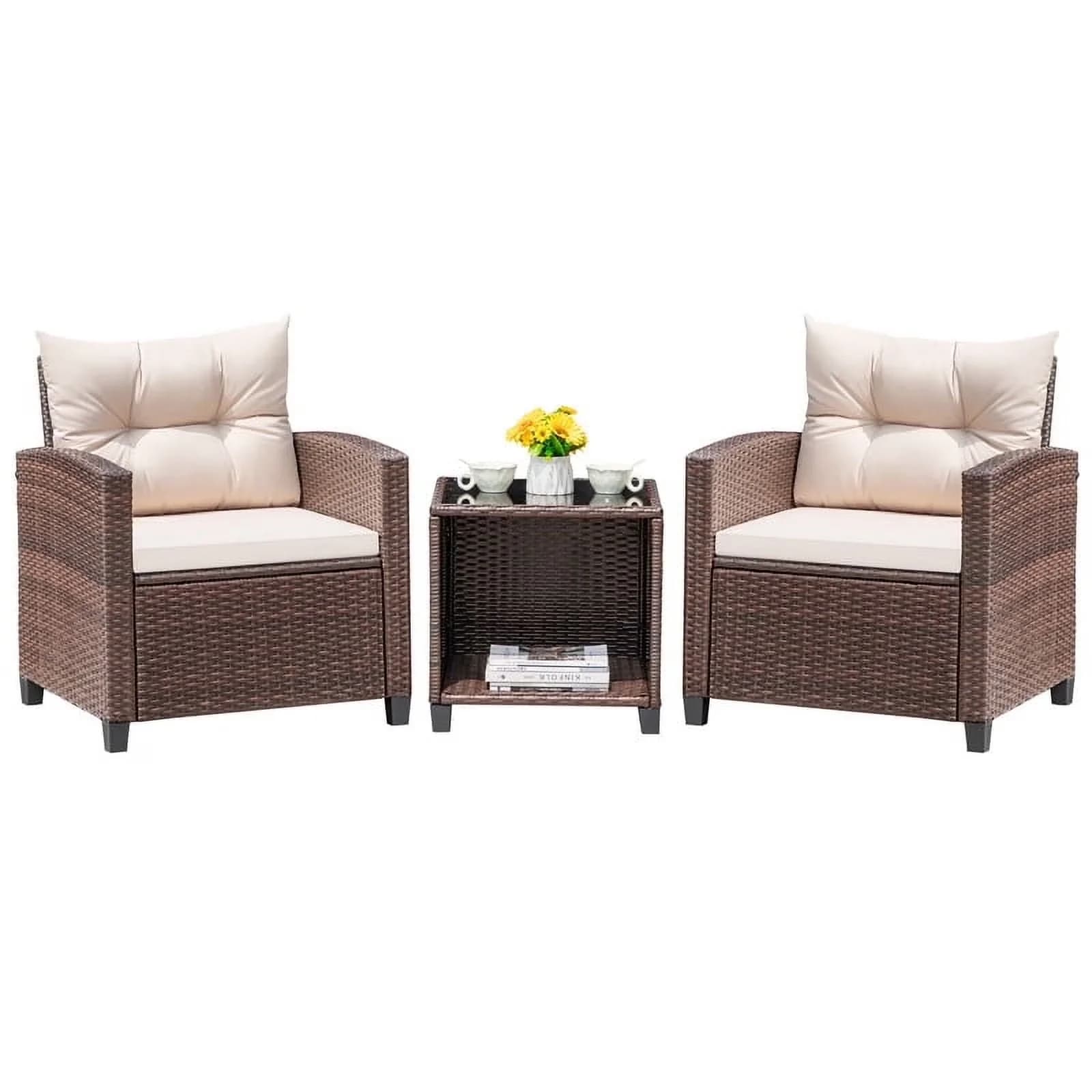 Patio Dining Set Compact with Storage, Chair size : 26.8"×25.2"×28.5" (L ×W×H) - Beige Rattan Model 3E9412