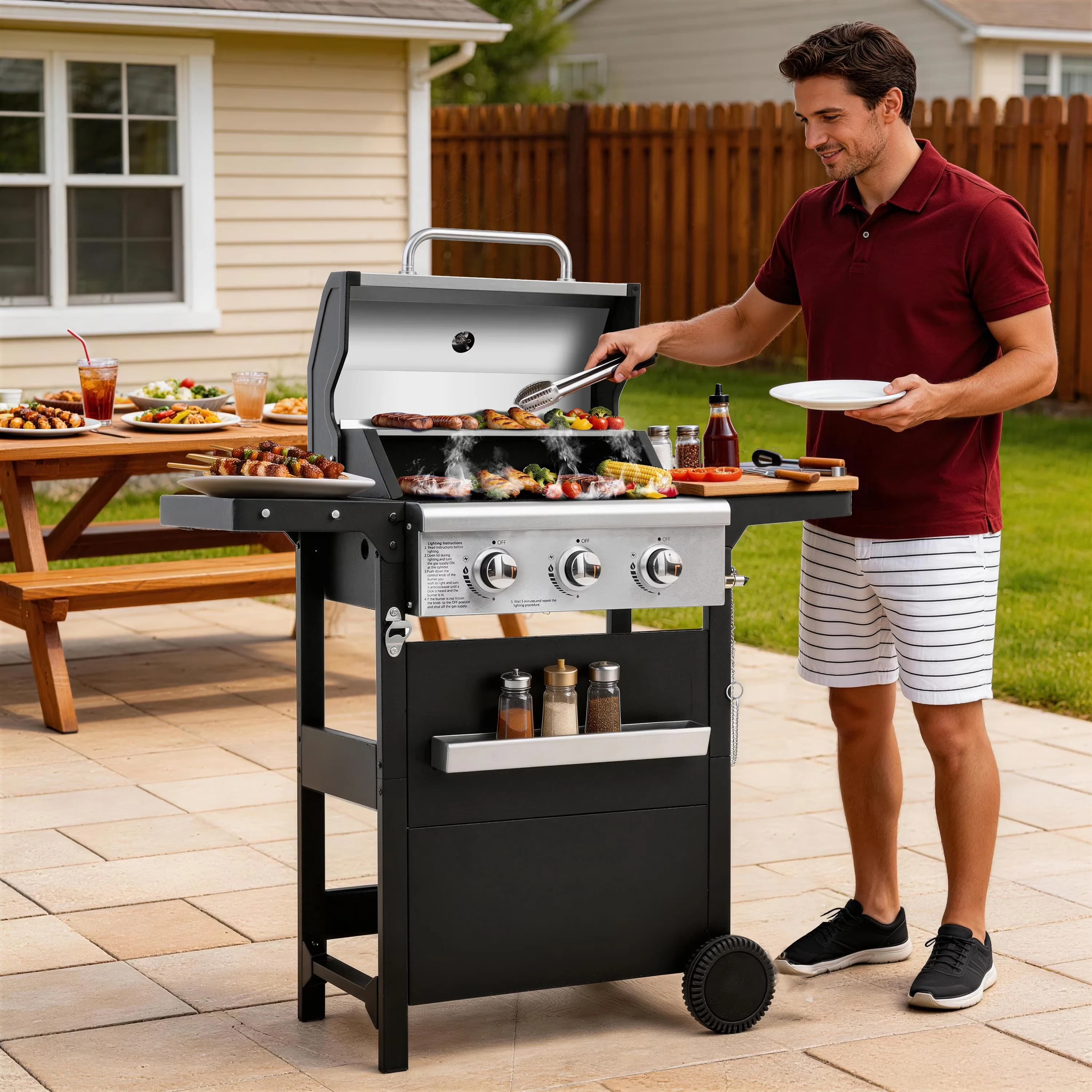 Professional Gas Grill with 27000 BTU, Storage Rack, 3 Burner BBQ Propane - Stainless Steel Model 2CB45A
