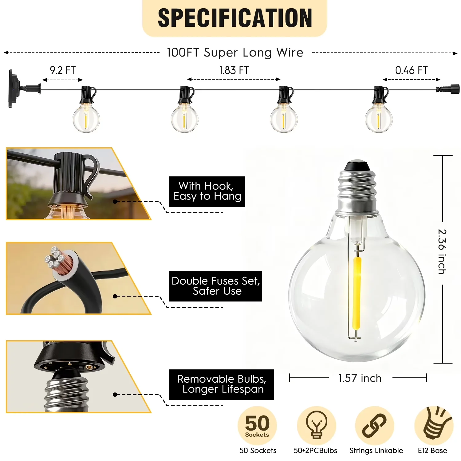 Premium Led Lighting with LED, Solar, Remote Controlled - White 100FT - Premium Collection Model 95BB74
