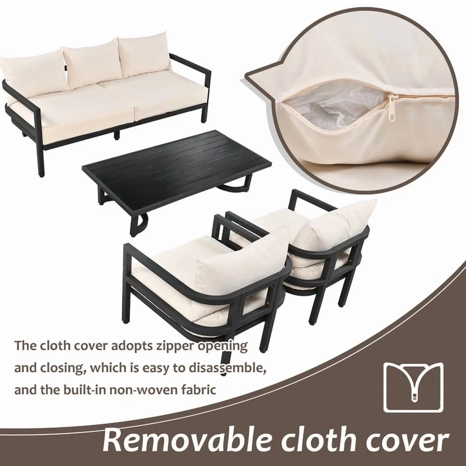 Stylish Patio Conversation Set with Coffee Table, Furniture, Cushions - Beige Steel for Garden Model FCCACE