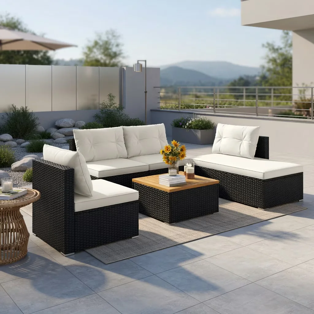Patio Dining Set Classic with 5 Piece Outdoor Furniture, Solid Tabletop and Soft Cushions - White Pe Rattan, Steel, Acacia Wood,... Model A3ABDD