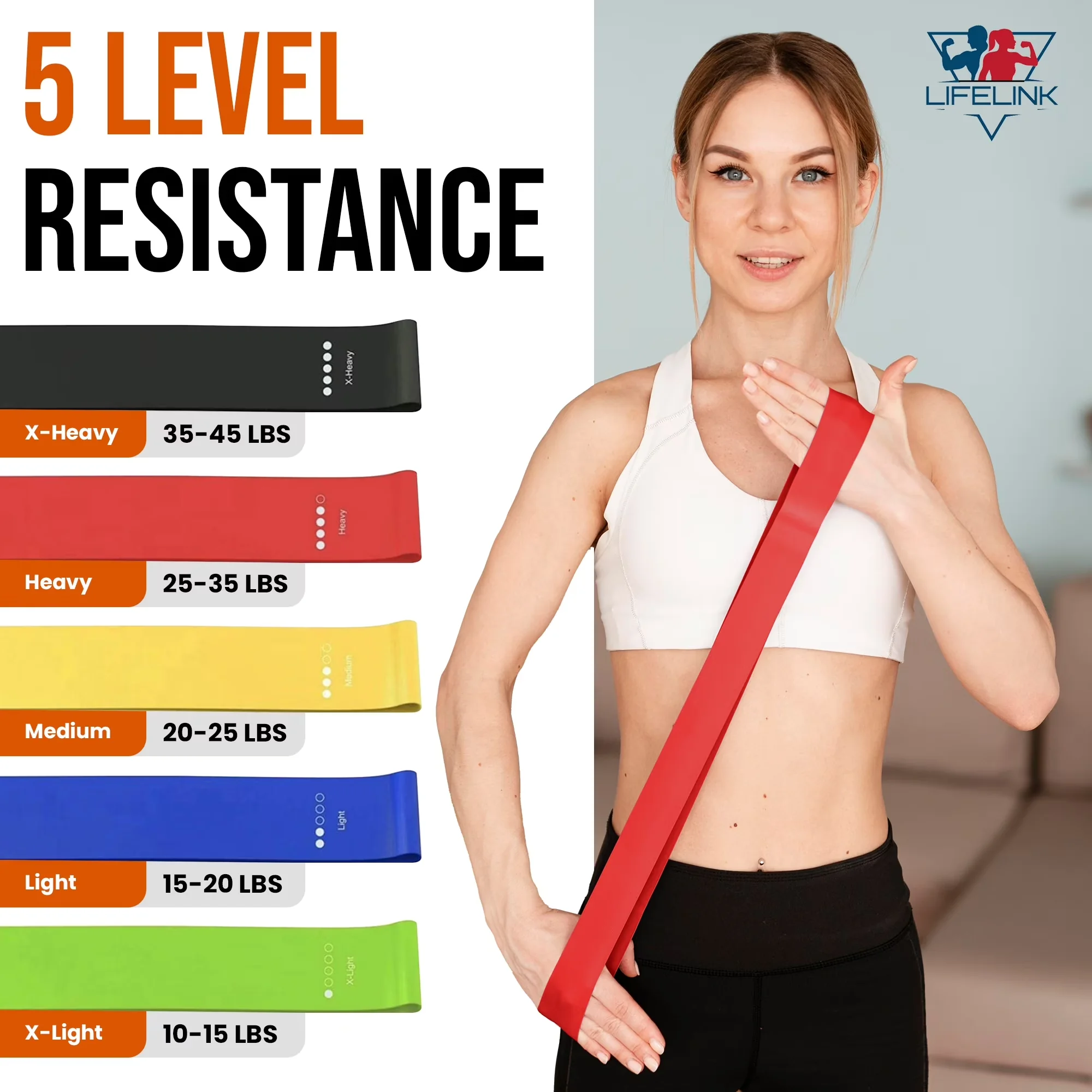 Home Gym Sleek with Anti-Slip, Lifelink 5 Piece Resistance Bands Set - Blue 100% Natural Latex Model D0D6DA