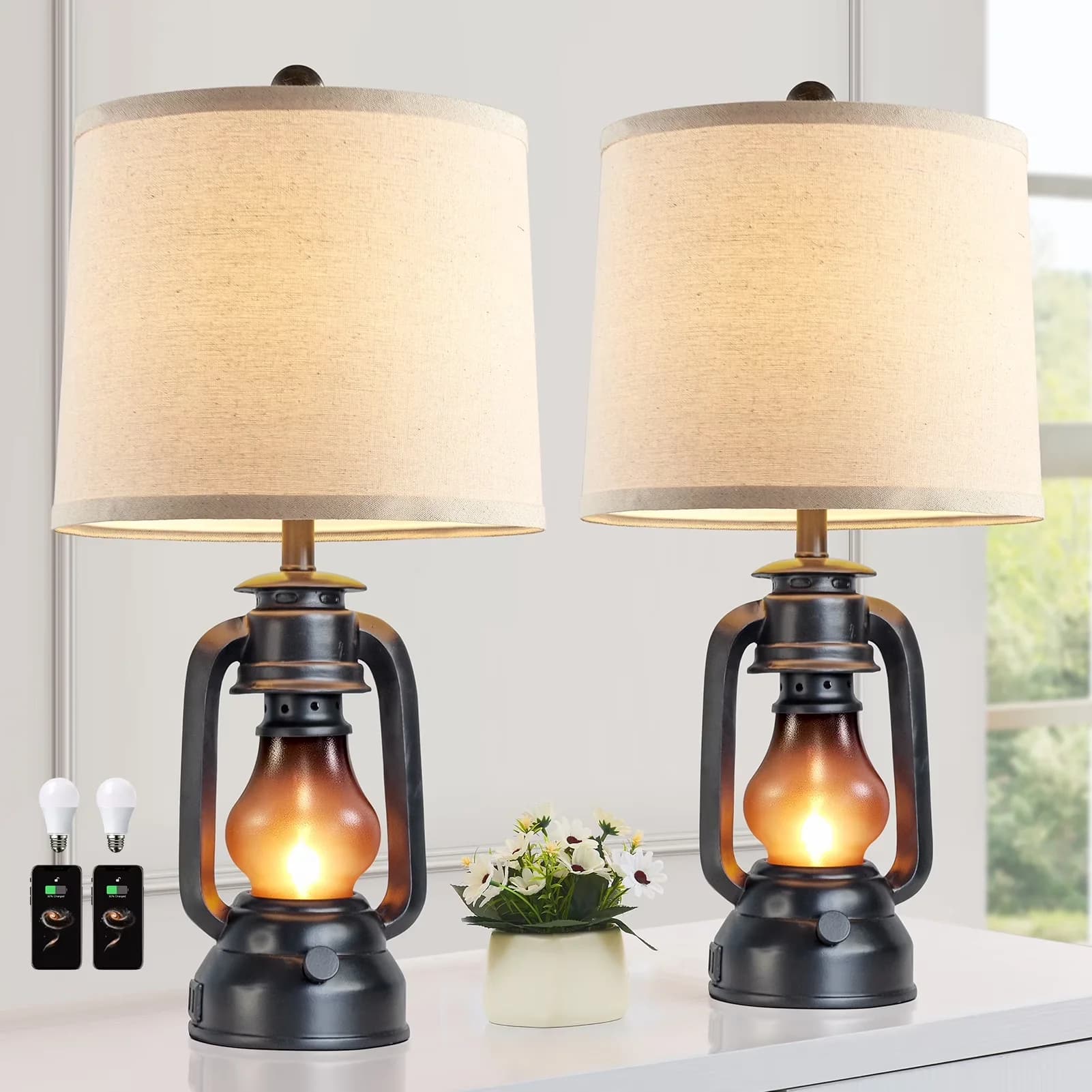 Table Lamp Premium with LED, Industrial, Usb Port - Black Metal, Glass Model 04BF54