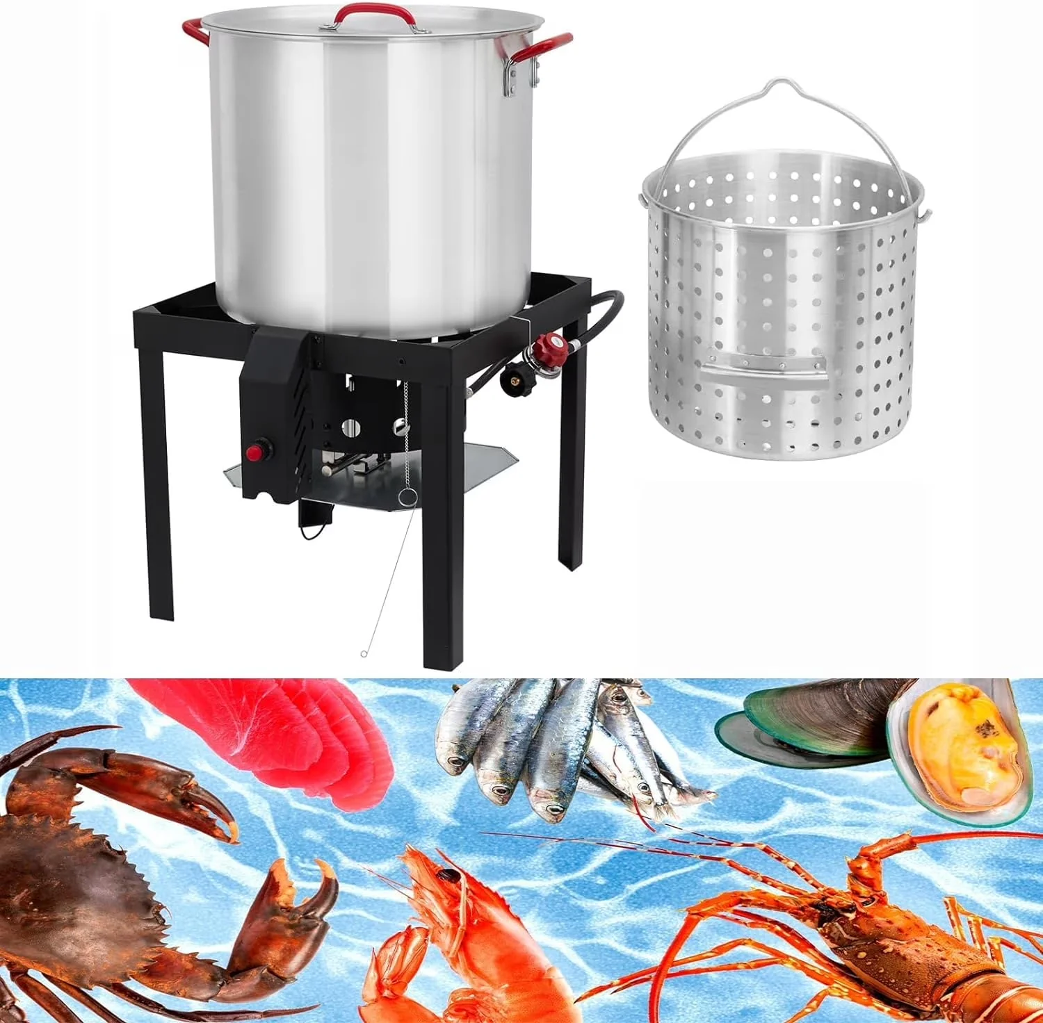 Outdoor Fryer Innovative with Heat Resistant Handle, Seafood Boil Pot, Strainer Basket - Aluminum Silver for Outdoor Model 6BEBF3