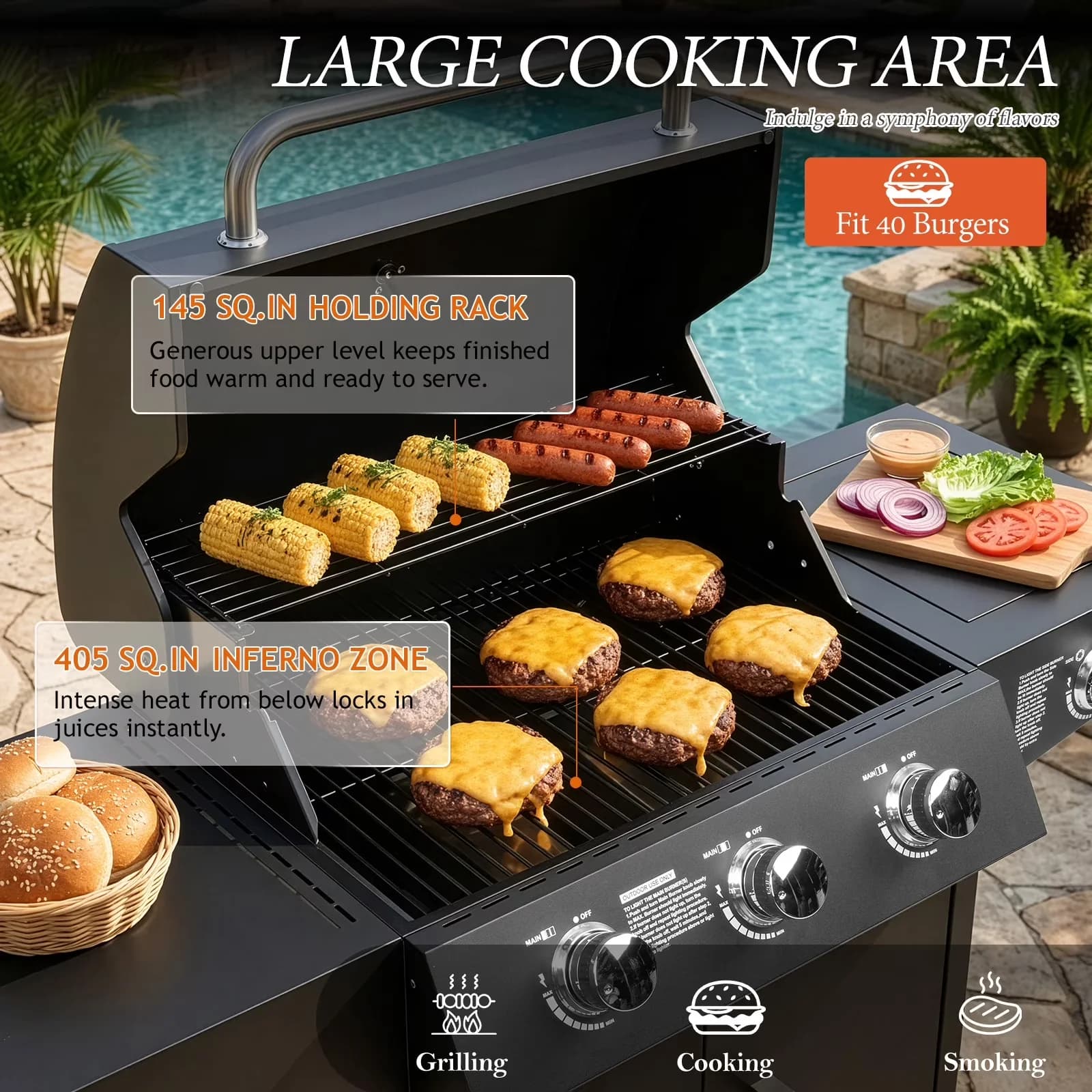 Essential Gas Grill with 46000 BTU, Portable, 3 Burner Propane Stove 46000 BTU - Black Steel Model 550839