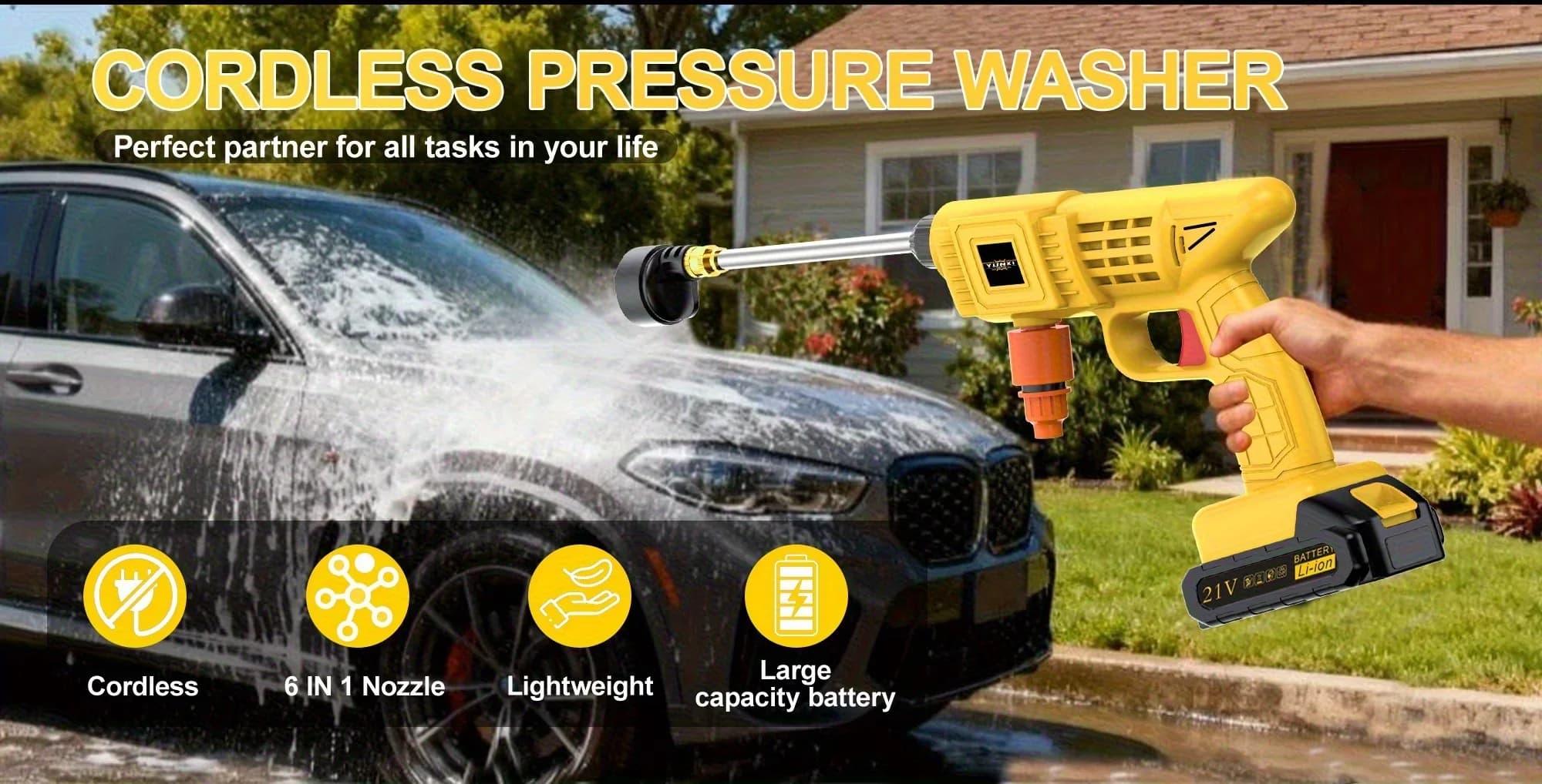 Premium Pressure Washer with Battery, Adjustable Wand for Car, Outdoor - Model 5A08DC