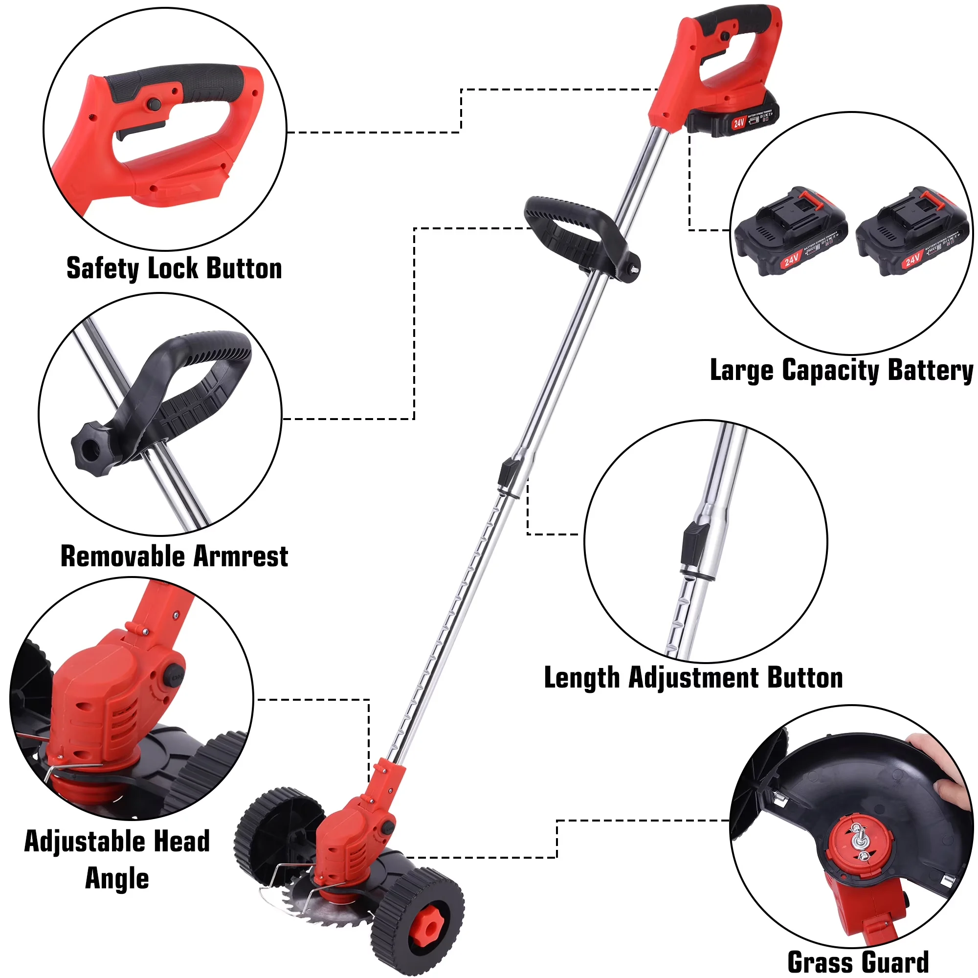 Quality String Trimmer with Battery, 24V, Wheels & 2 Batteries - Red - Standard Series Model 567802
