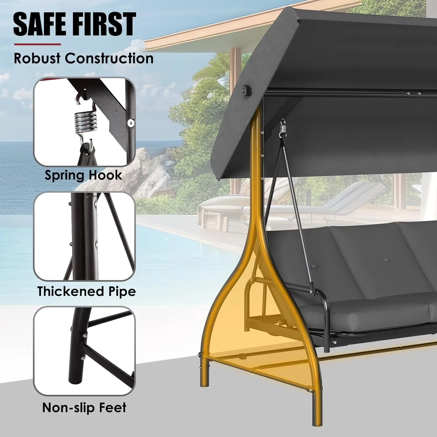 Reliable Patio Chair with Adjustable Canopy Tilt, Outdoor Swing - Metal, Polyester Fabric, Oxford Cloth Model D1AA11