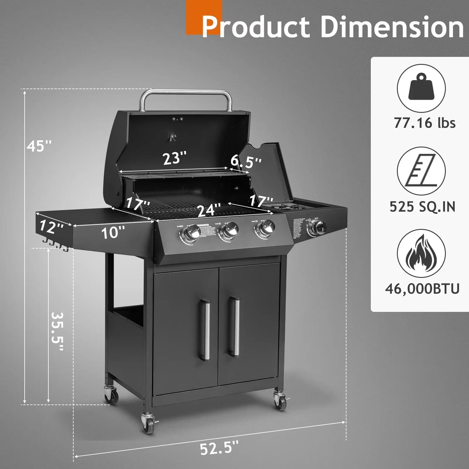 Versatile Gas Grill with 46000 BTU, Tool Holder - Iron, Stainless Steel for Camping Model B716AA