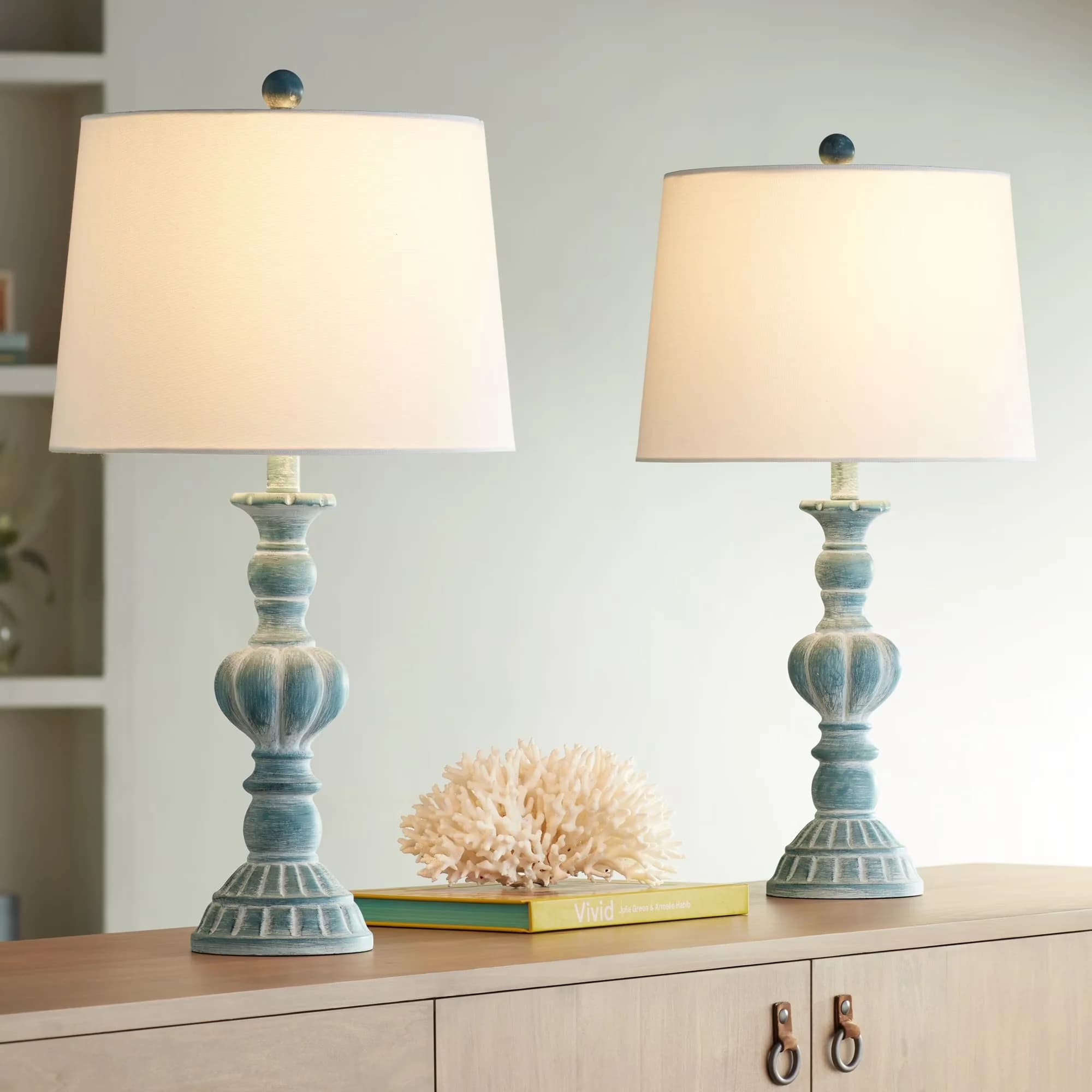 Premium Lamp Set with Incandescent, Coastal, Traditional - Blue Cast Resin for Living Room, Bedroom Model F9F62F
