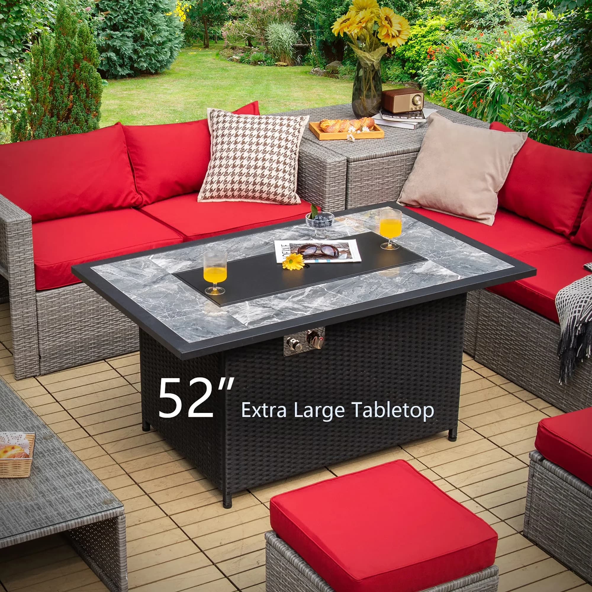 Modern Outdoor Heating with Adjustable Flame - Black Steel, Pe Rattan, Marble Model CCDA1B