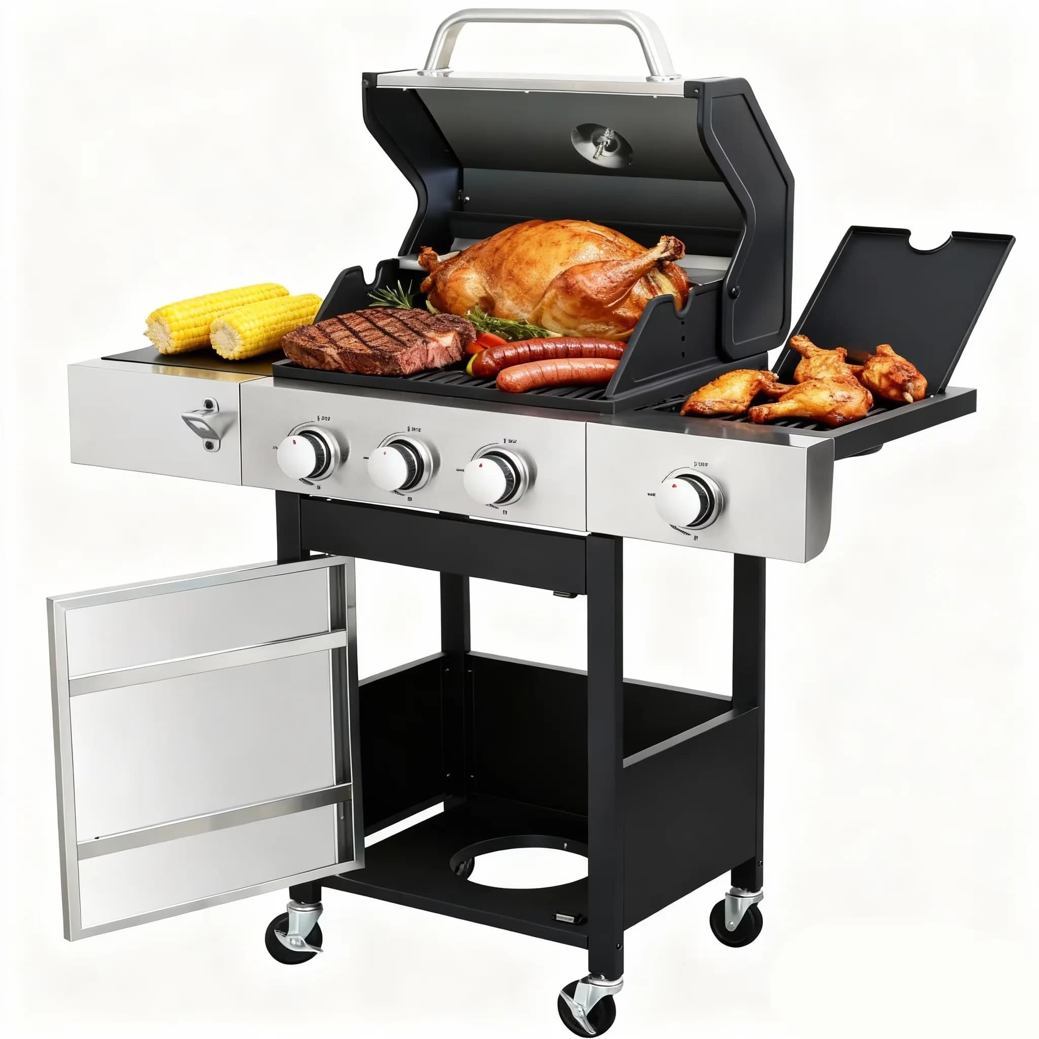 Sleek Gas Grill with 37230 BTU, Heat Thermometer - Silver Iron,Stainless Steel for Patio, Garden Model 1340C7