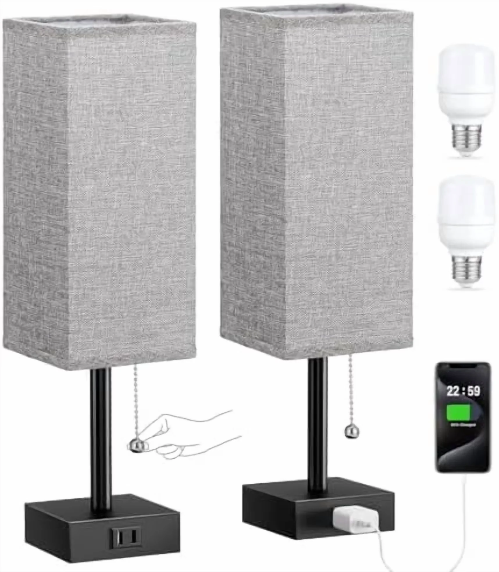Stylish Lamp Set with LED, Grey Bedside Lamps - Metal - Traditional Style Model 01F465