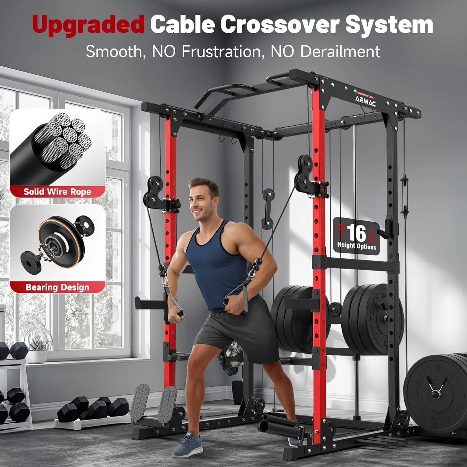 Essential Home Gym with Adjustable, Multifunctional, 1500lbs Squat Pulley Power Cage for Home - Model E009AA