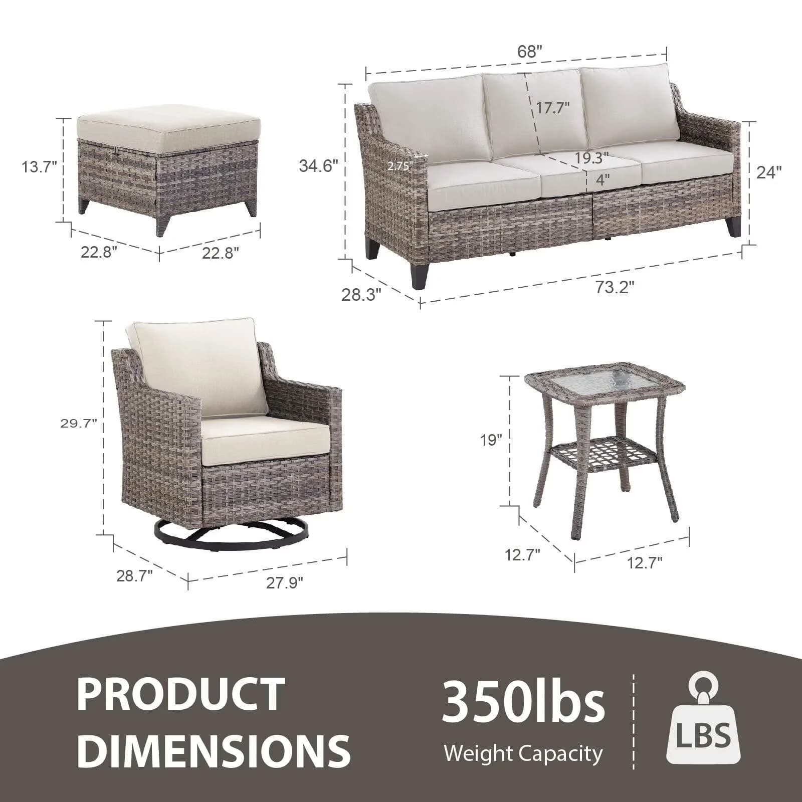 Durable Patio Dining Set with Reclining, Weatherproof - Beige Olefin;Wicker;Stainless Steel Model B83E6E