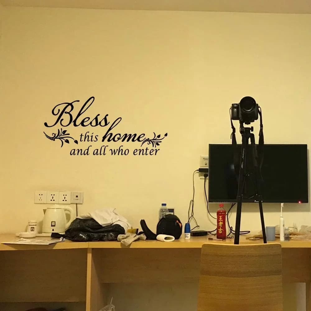 Compact Wallpaper Wall Decals Wall Covering with Bless This Home and All who Enter, How to apply the wall decal on the wall - Vinyl Black Model 1E4C2A