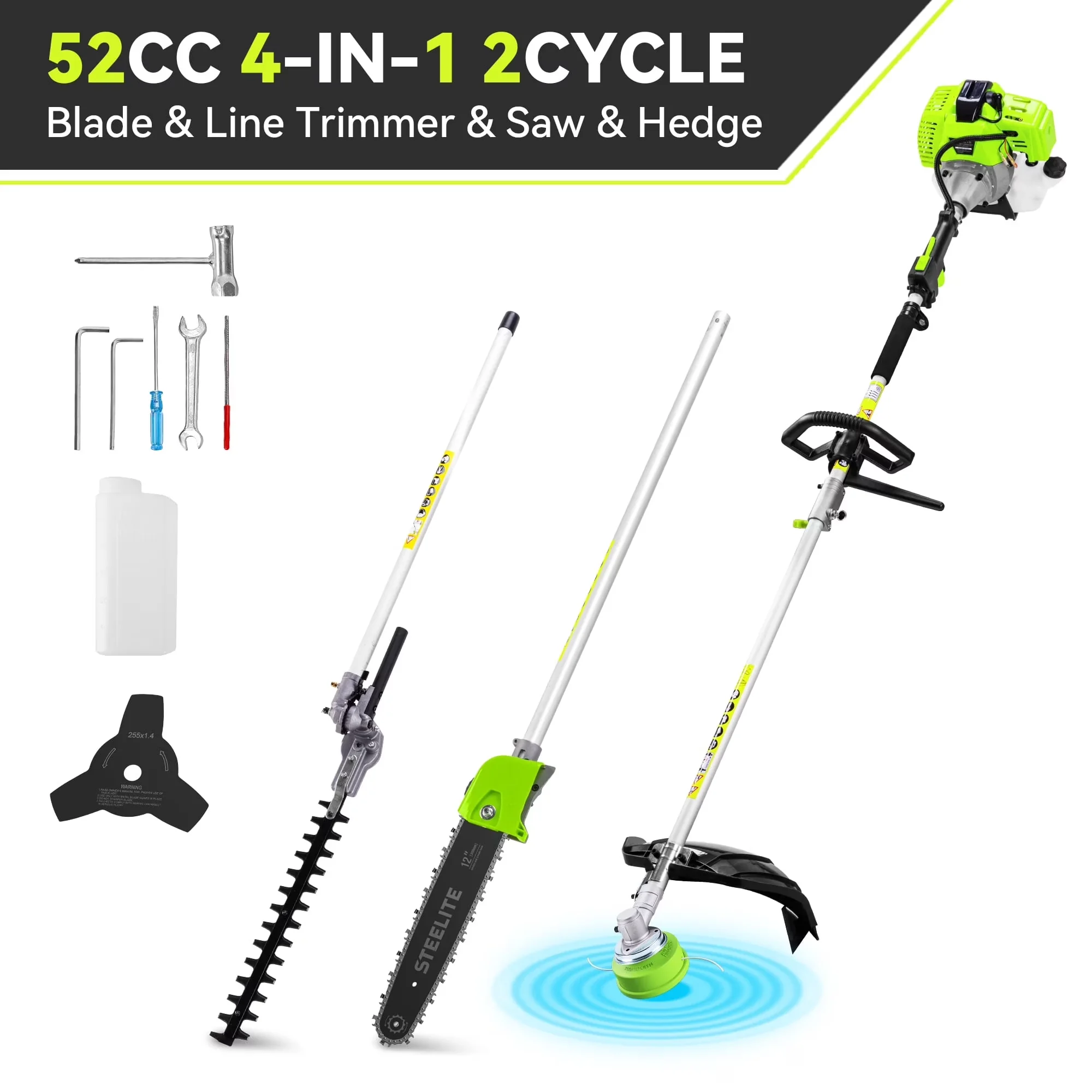 Reliable String Trimmer with Extendable, Hedge, 52cc 4 in 1 Gas Powered Weed Wacker - Green for Patio Model 695458