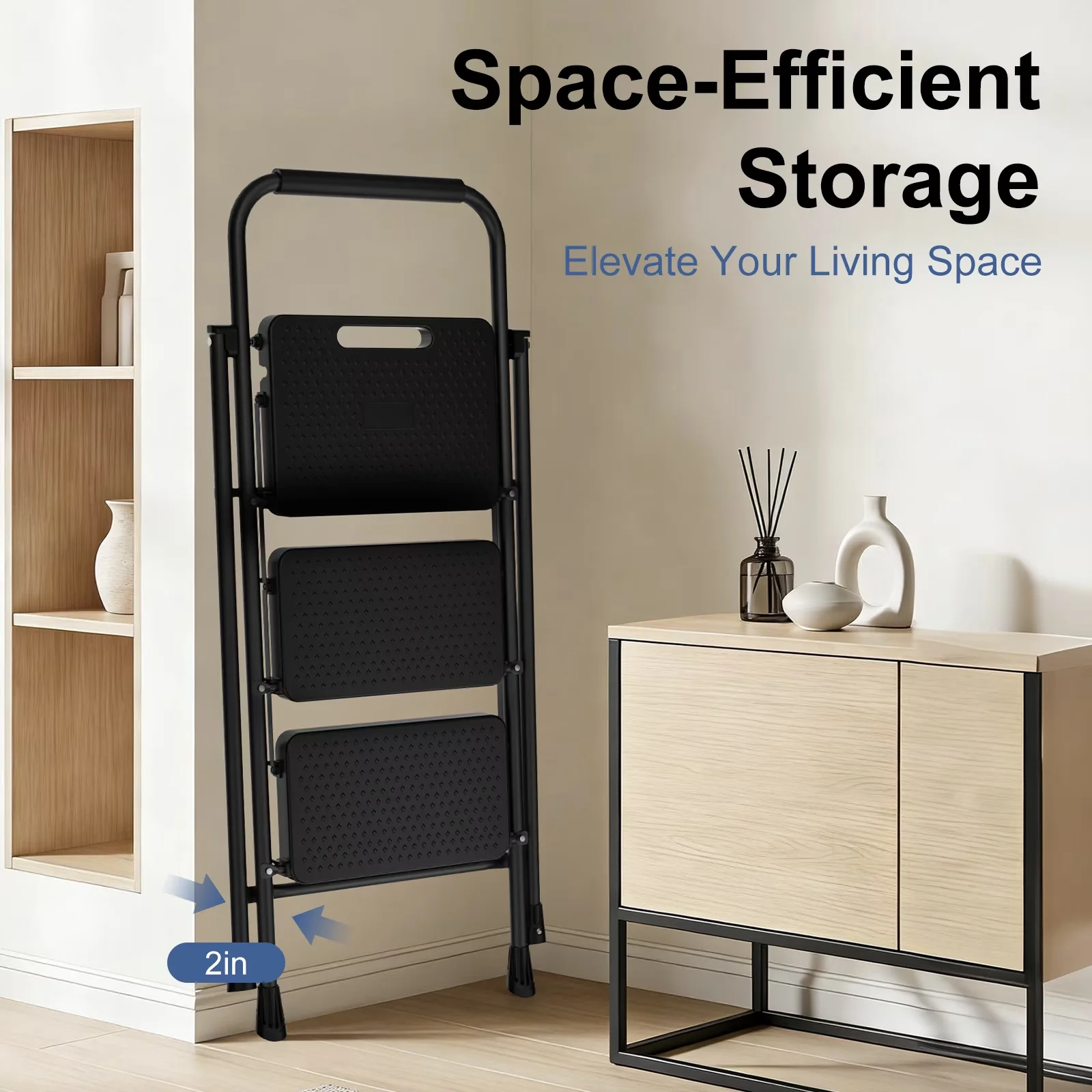 Quality Ladders And Step Stool with Metal Frame, Easy To Clean - Black 3 Step-Plastic Treads for Kitchen, Garage Model E829C6