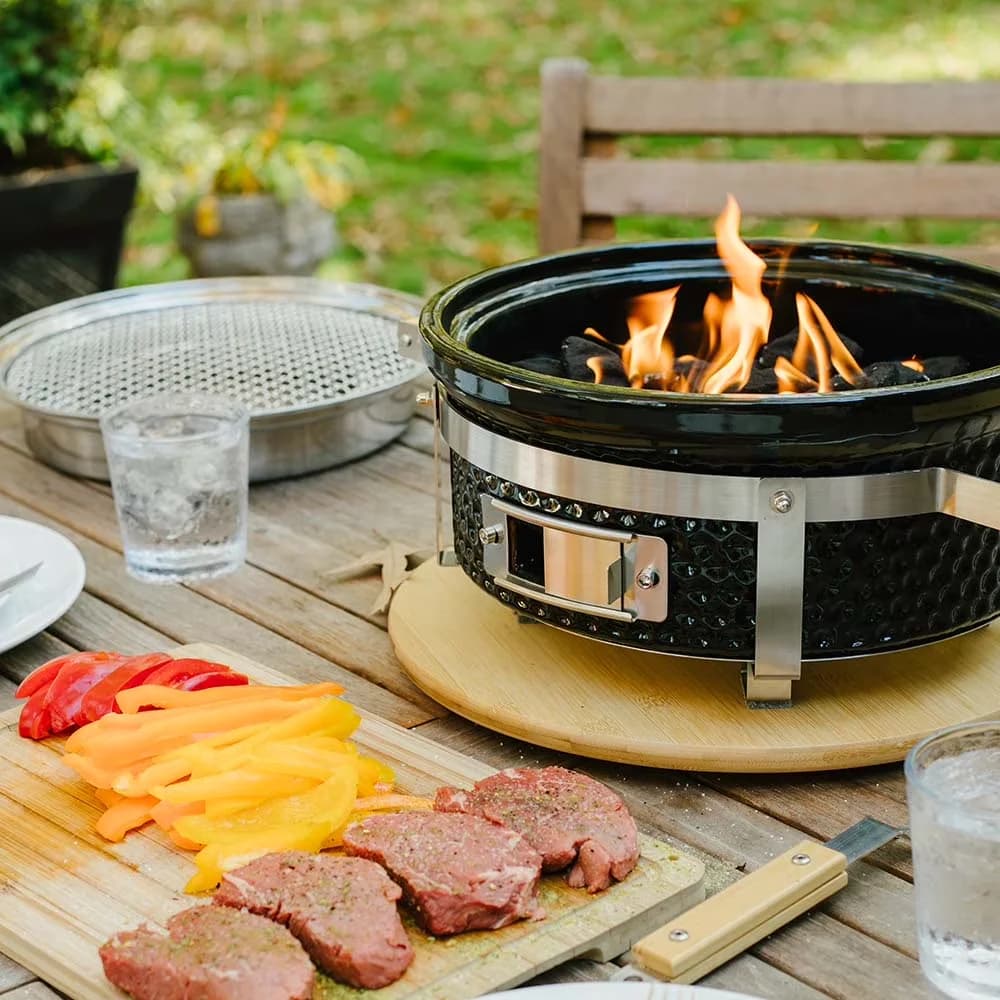 Innovative Flat Top Grill with Portable, Ceramic Charcoal - Ceramic,Stainless Steel,Bamboo Model 01E12C