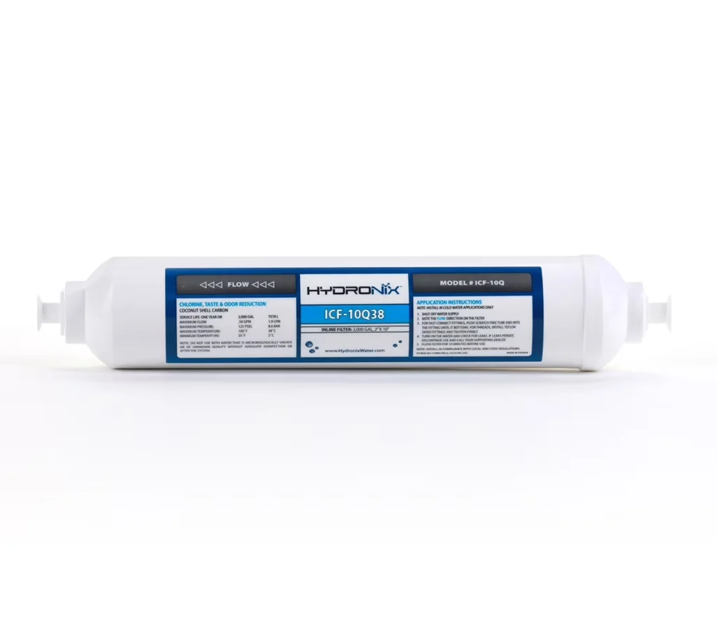 Premium Water Filtration with 3/8" Quick Connect, ICF-10Q38 Inline Reverse Osmosis Post, Fridge & Ice Coconut GAC Filter 2000 Gal - Model 0577BB