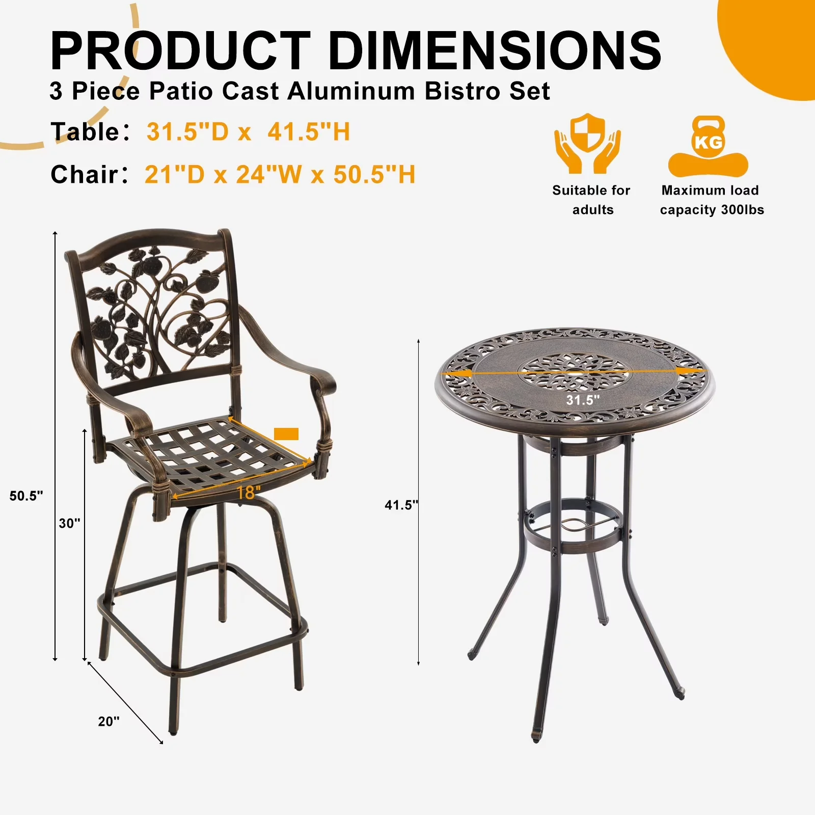 Durable Patio Dining Set with Weatherproof, Cushions and 31.5-Inch High Top Table, Cast Aluminum Swivel Bar Stools for Small - Model 676ED9