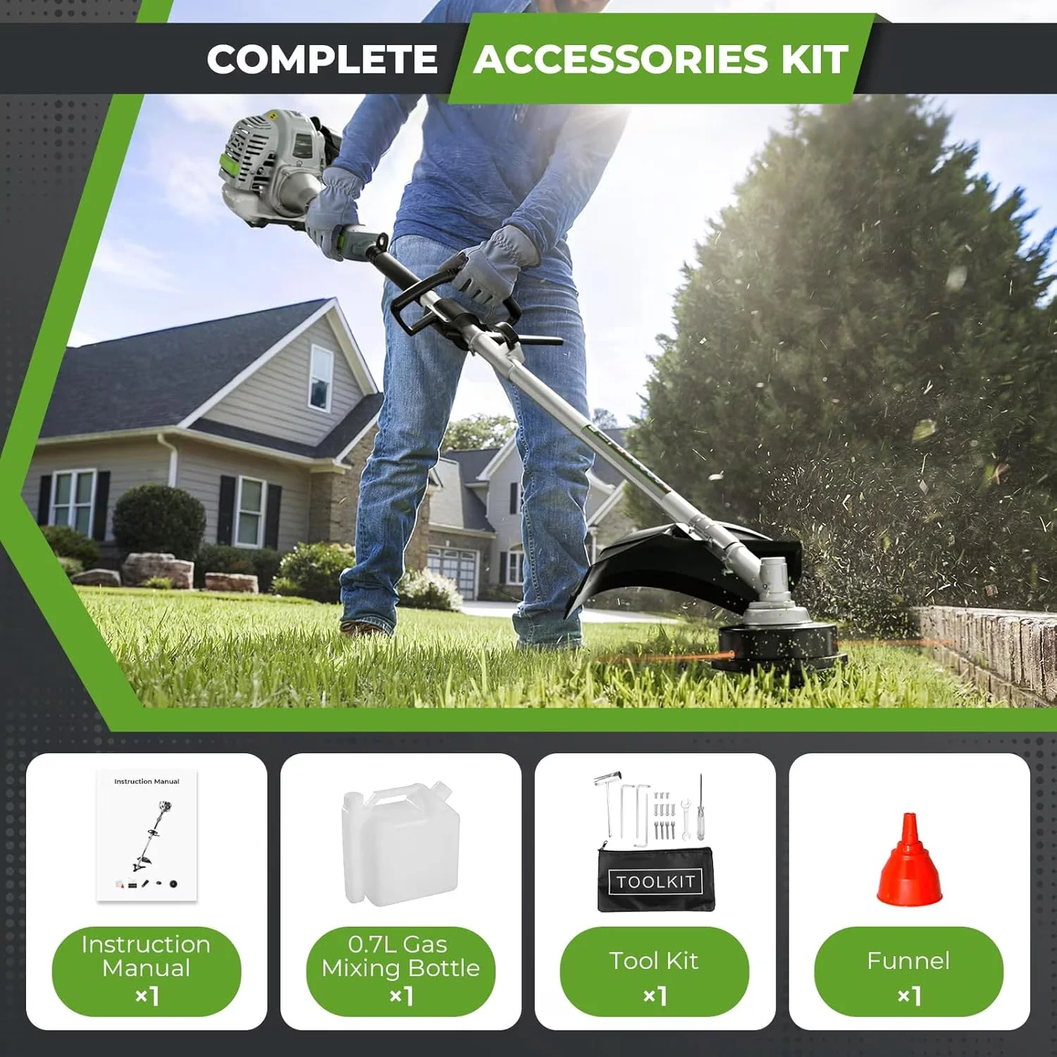 Versatile String Trimmer with 10'' Brush Cutter, 36cc Weed Wacker Gas Powered - Green Model C5D43A