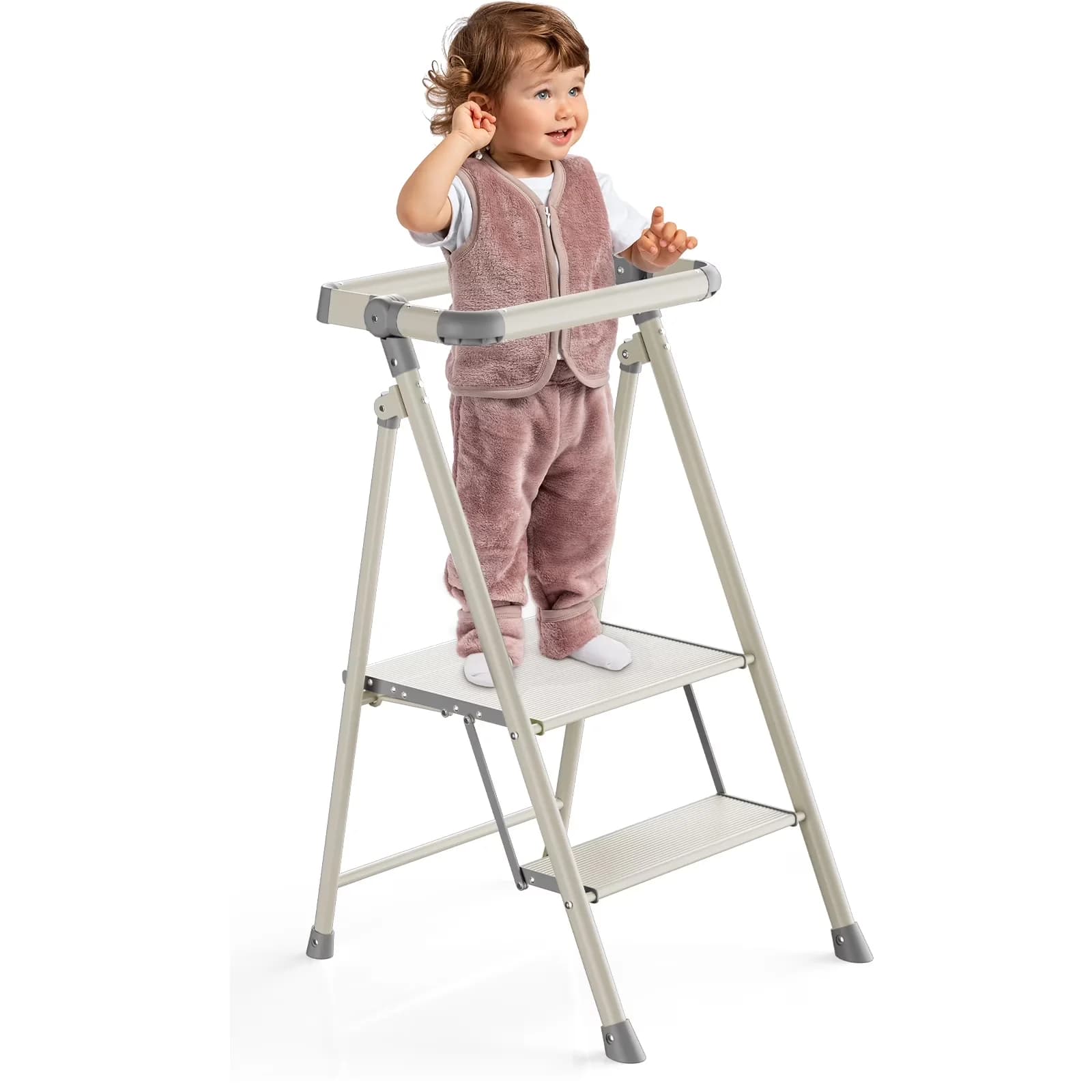 Ladders And Step Stool Stylish with Foldable, Anti-Slip, 2-Step Ladder - Smoky Gray Alloy Steel for Kitchen, Bathroom Model 532449