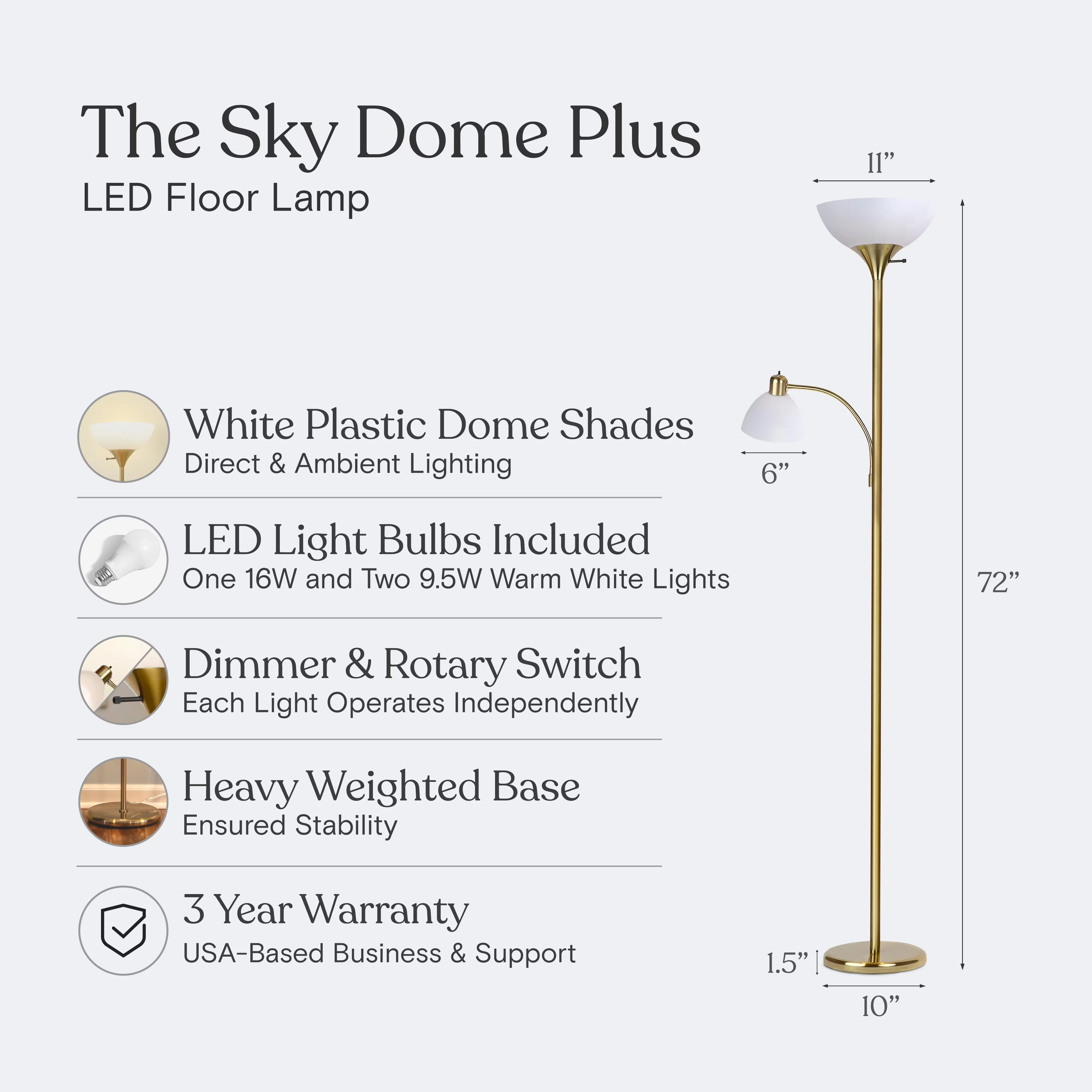 Stylish Floor Lamp with LED, Adjustable Head, Torchiere Lamps - White Brass Model E5B213