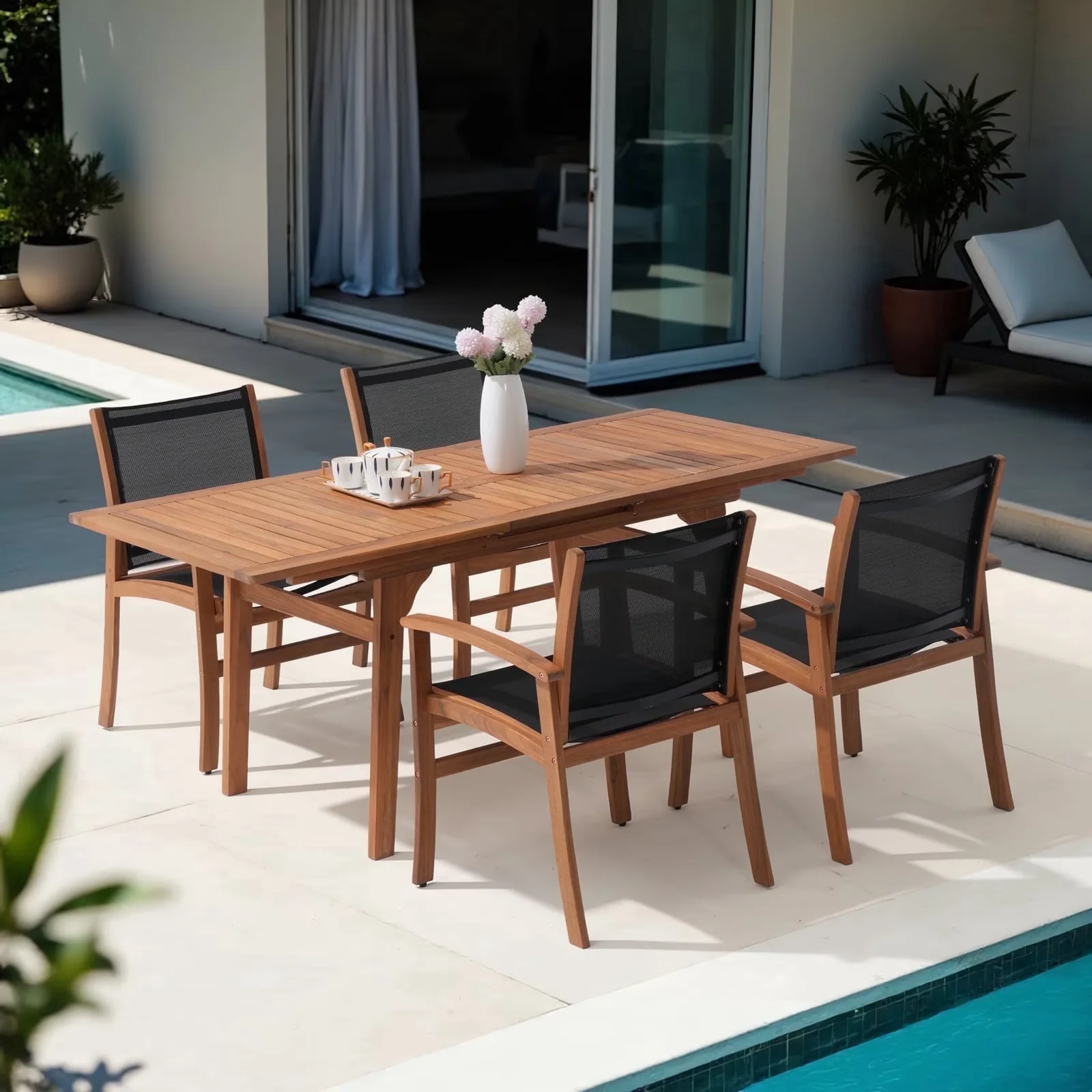Versatile Patio Dining Set with Weatherproof, Expandable Wooden Outdoor of 5, Wood Table - Wood Black Model F135A7